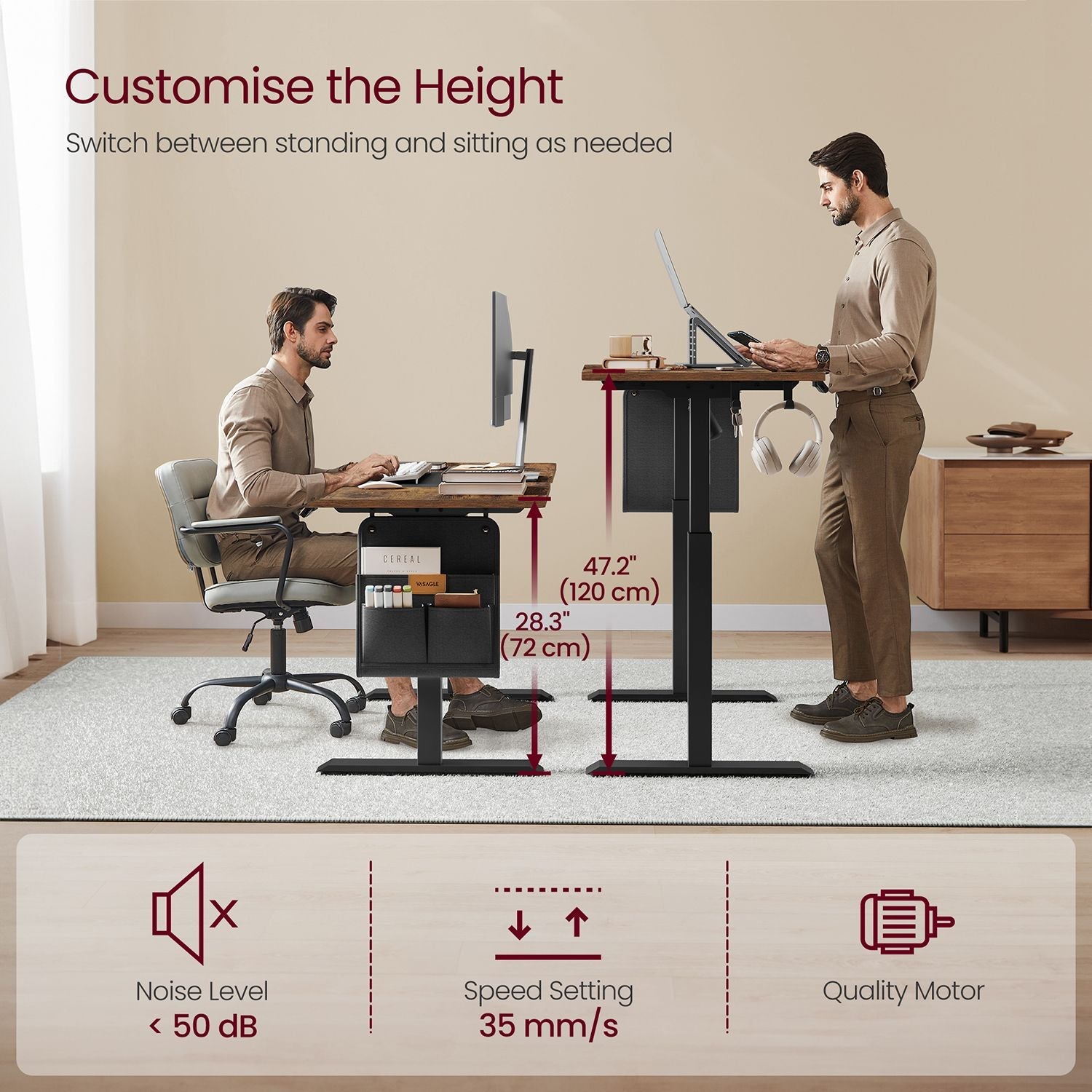 Height Adjustable Electric Standing Desk – MDF – Rustic Brown and Ink Black – Memory Function with 3 Heights, Storage Pocket and Hooks