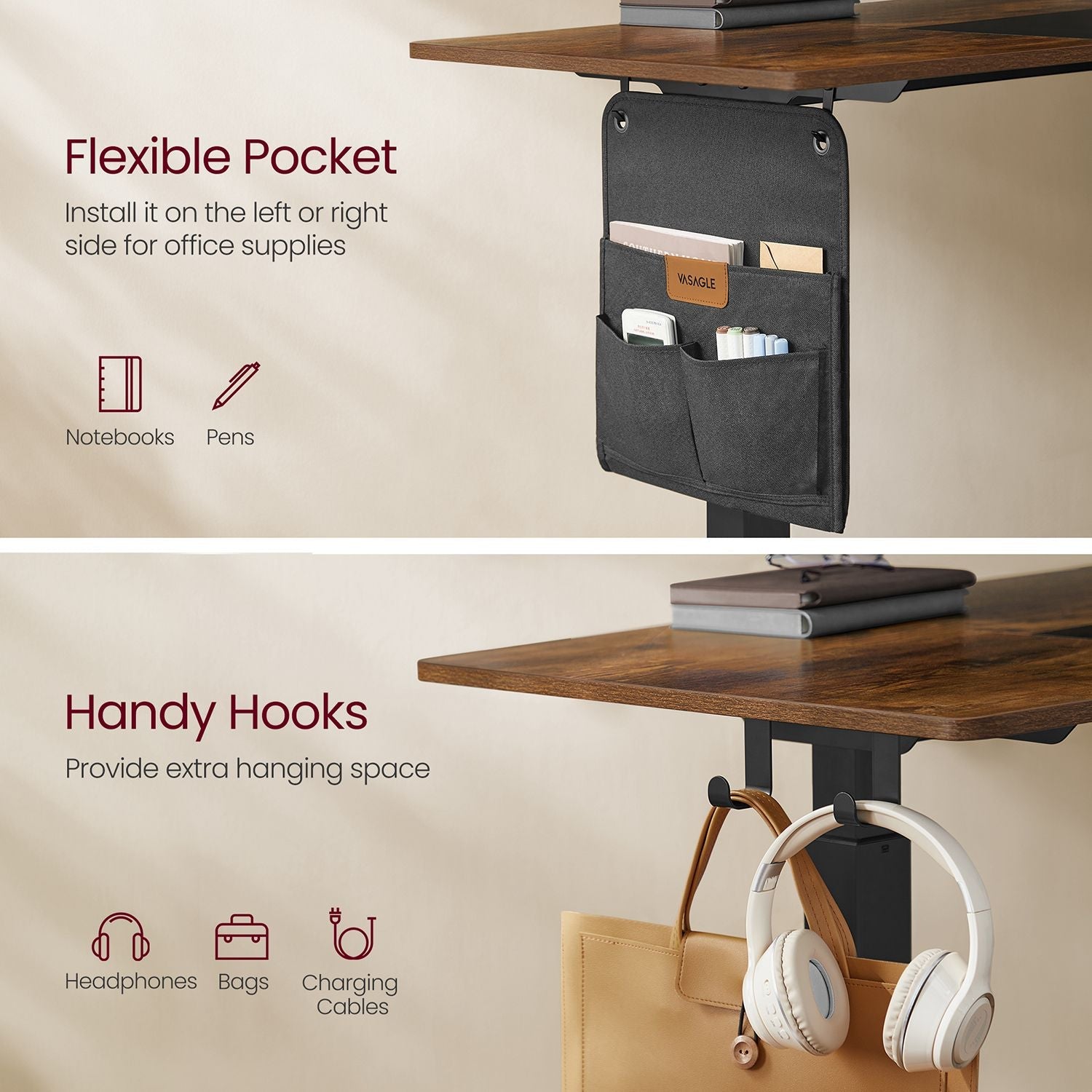 Height Adjustable Electric Standing Desk – MDF – Rustic Brown and Ink Black – Memory Function with 3 Heights, Storage Pocket and Hooks
