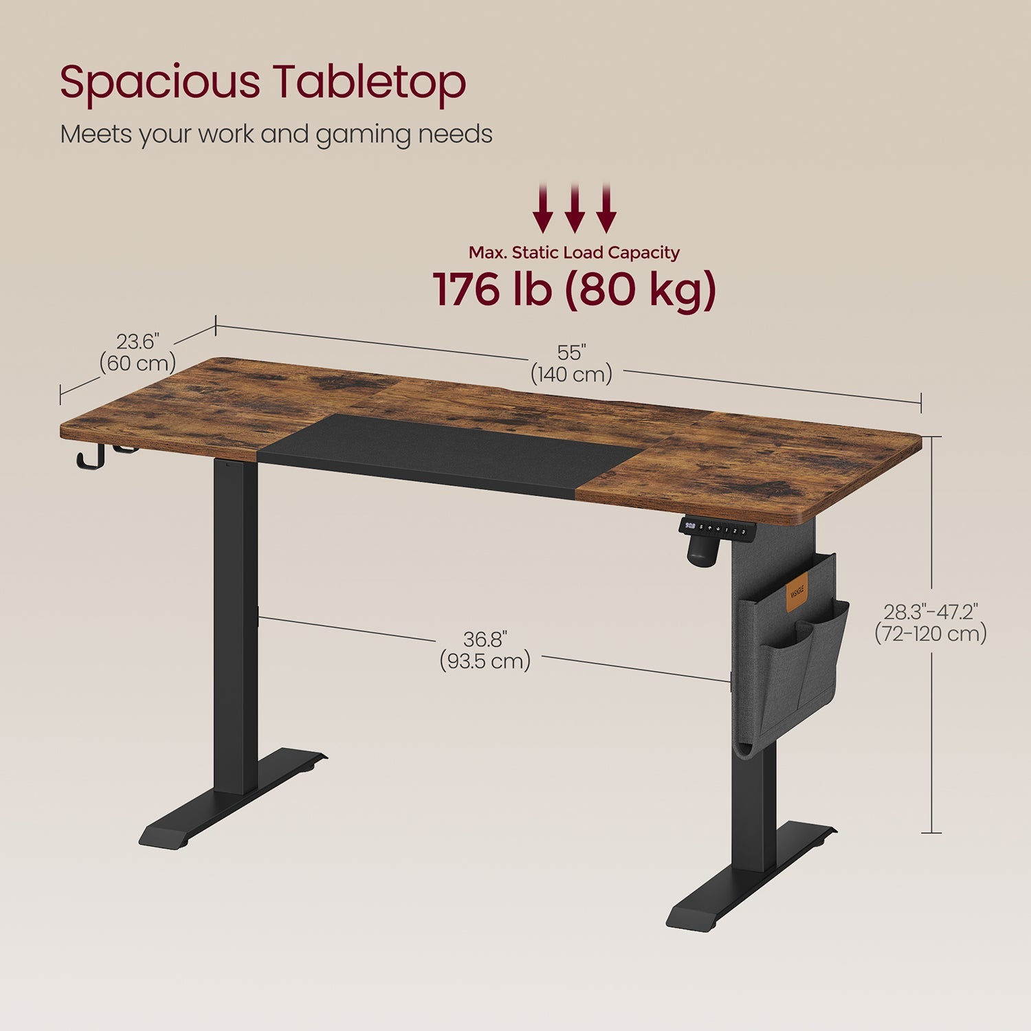 Height Adjustable Electric Standing Desk – MDF – Rustic Brown and Ink Black – Memory Function with 3 Heights, Storage Pocket and Hooks