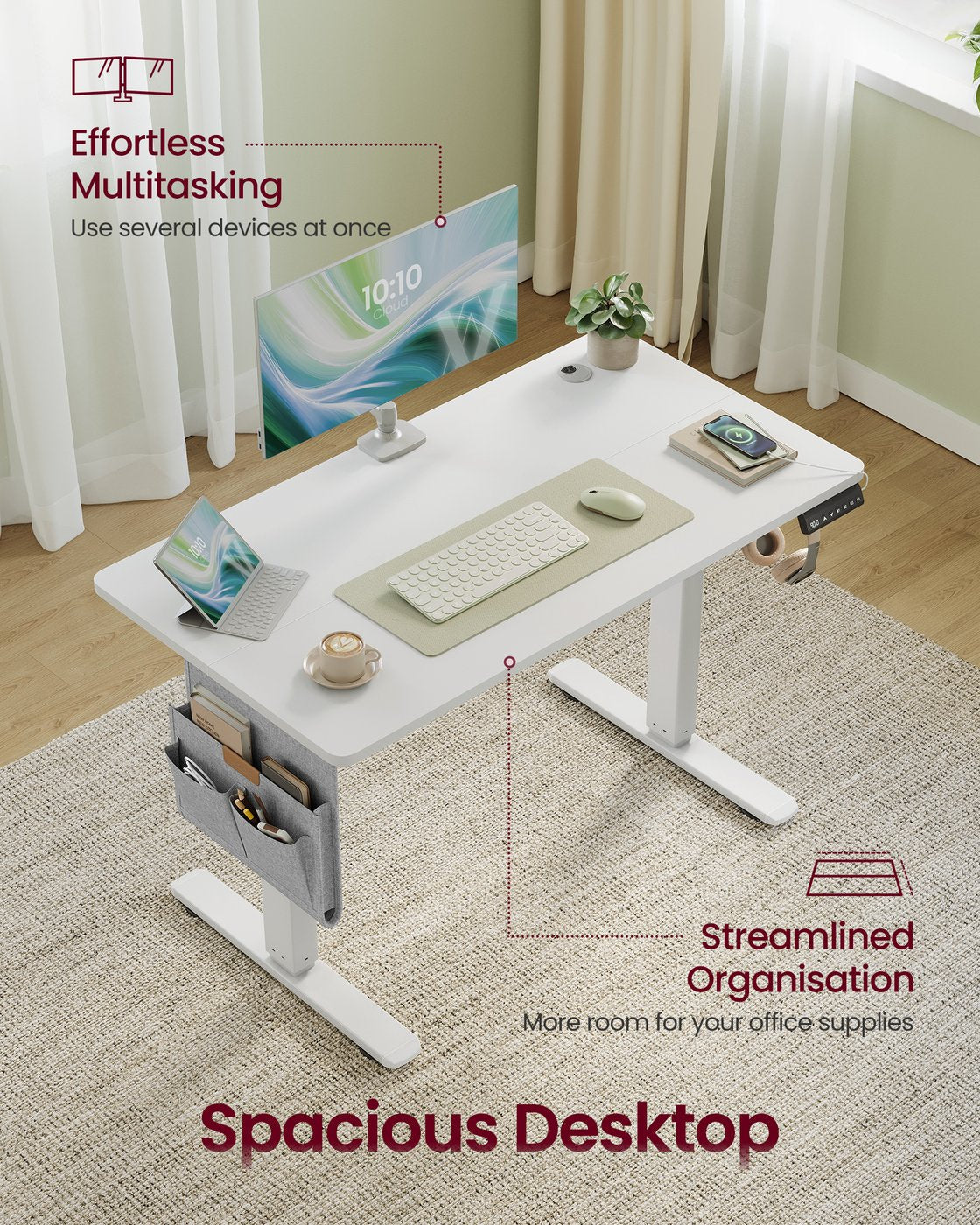 Height Adjustable Desk – Engineered Wood – Cloud White – Electric with 4 Memory Heights and Storage Pocket
