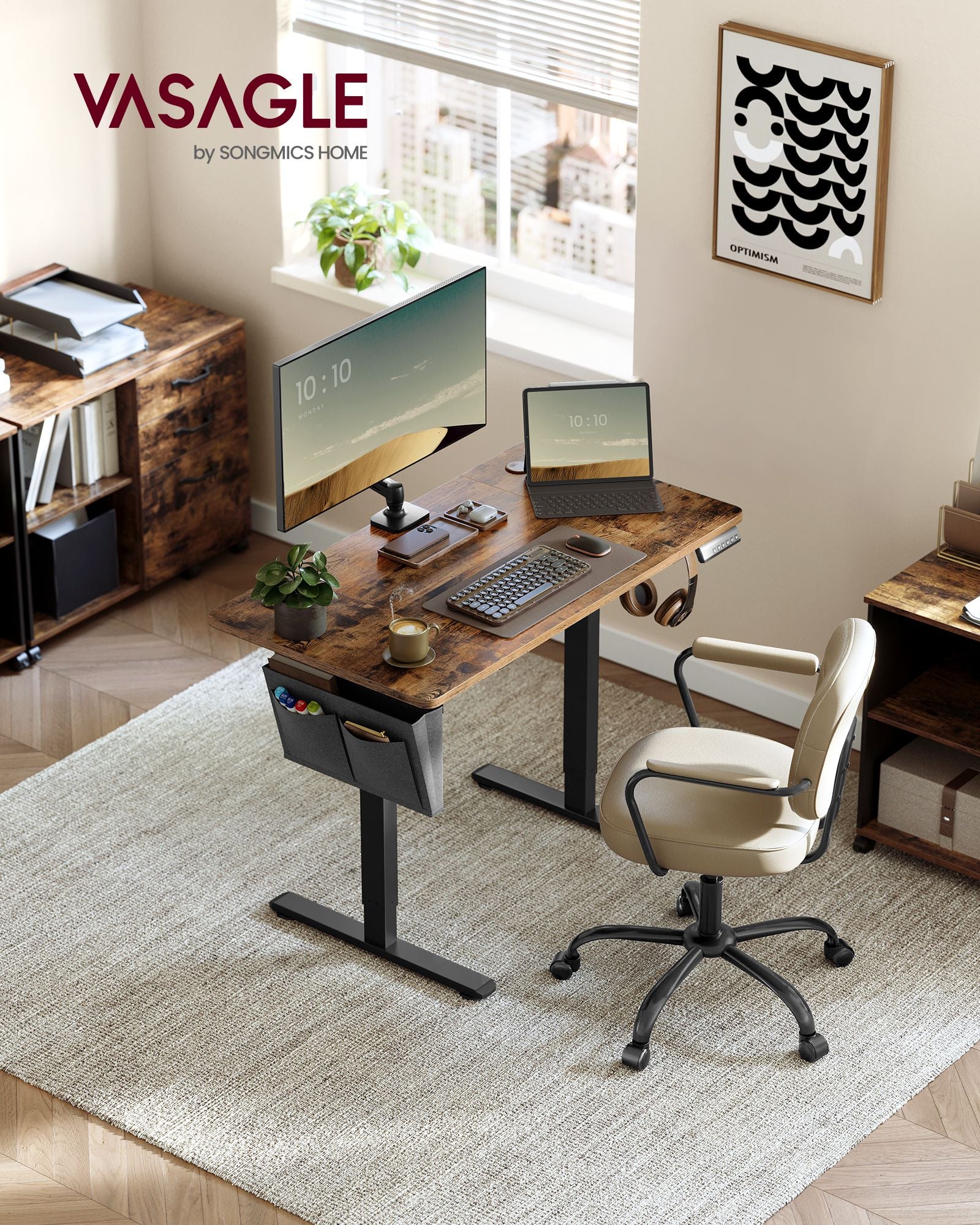 Height Adjustable Desk – Particleboard – Cloud White – Electric with 4 Memory Heights and Storage Pocket