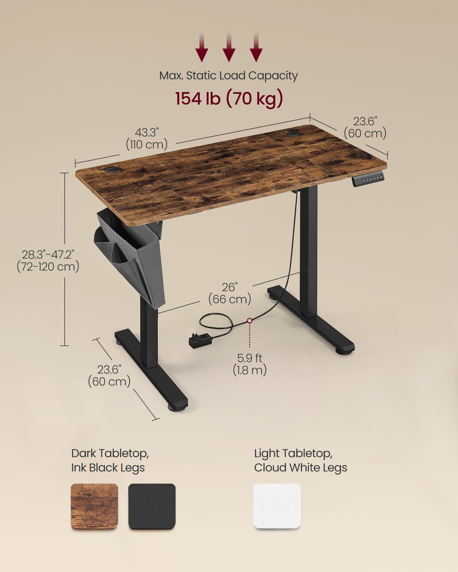 Height Adjustable Desk – Particleboard – Cloud White – Electric with 4 Memory Heights and Storage Pocket