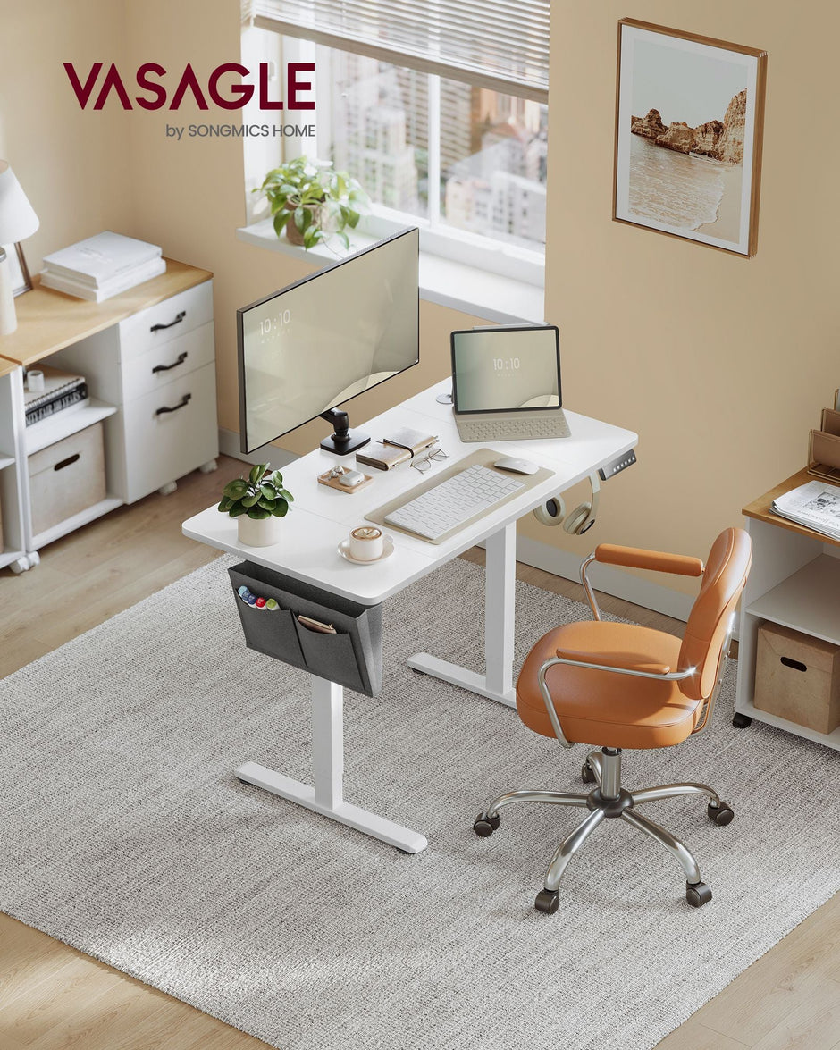 Height Adjustable Desk – Particleboard – Cloud White – Electric with 4 Memory Heights and Storage Pocket