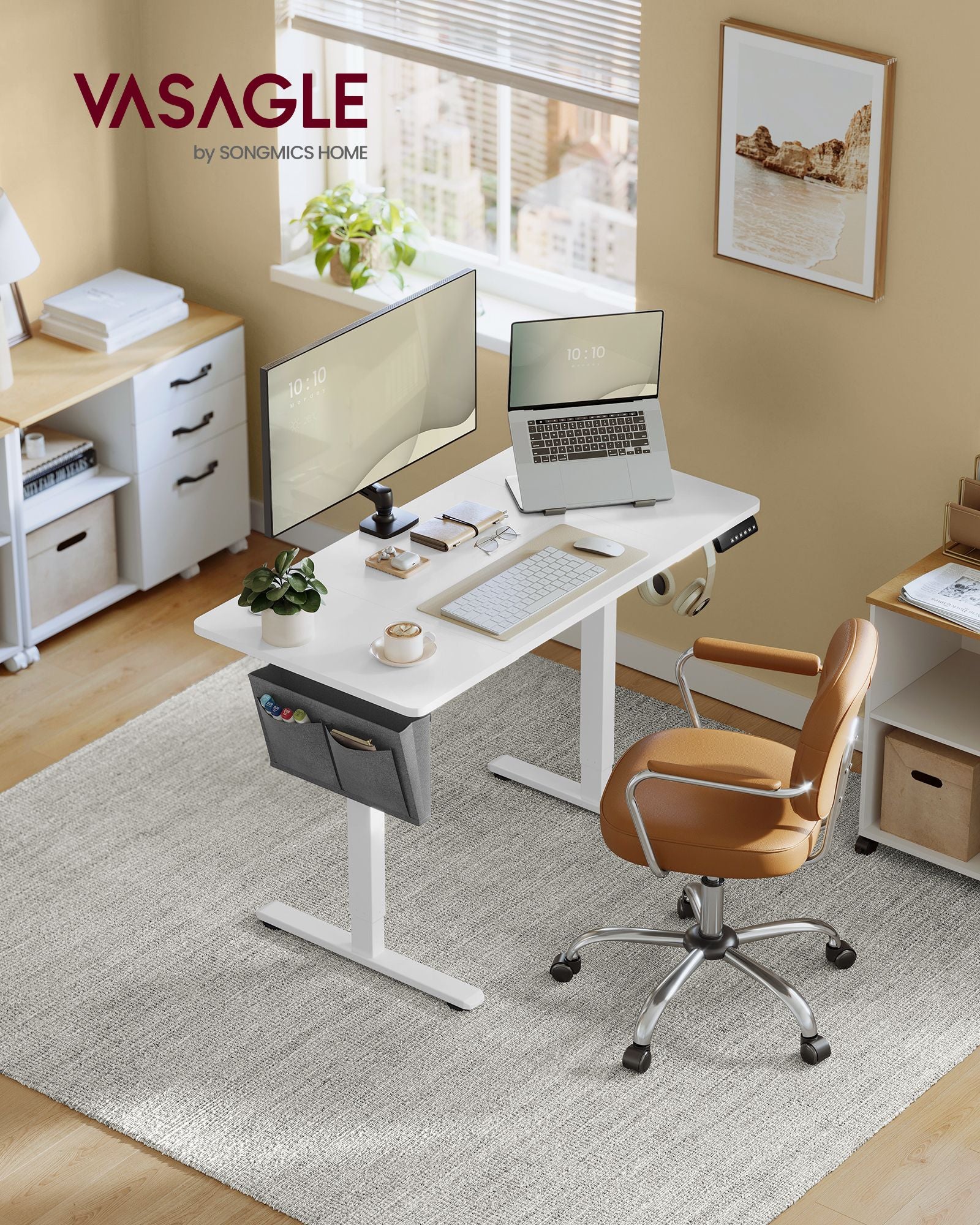 Height Adjustable Desk – Electric – Cloud White – 4 Memory Height Settings, Storage Pocket