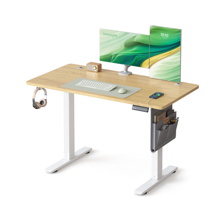 Electric Standing Desk – Metal and Wood – Cloud White – Height Adjustable with 4 Memory Heights and Storage Pocket