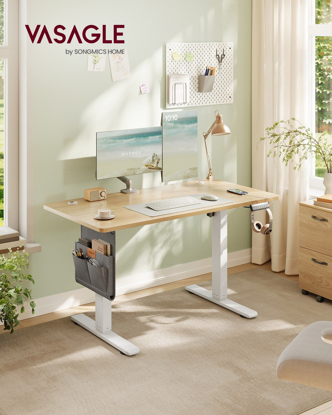 Electric Standing Desk – Metal and Wood – Cloud White – Height Adjustable with 4 Memory Heights and Storage Pocket