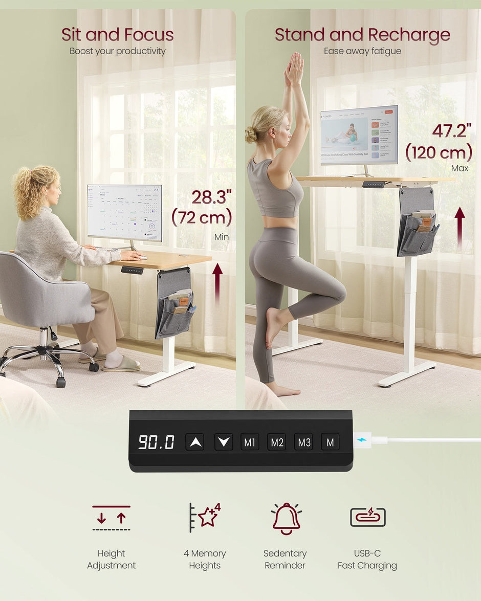 Electric Standing Desk – Metal and Wood – Cloud White – Height Adjustable with 4 Memory Heights and Storage Pocket