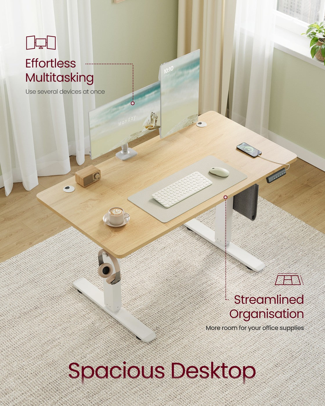 Electric Standing Desk – Metal and Wood – Cloud White – Height Adjustable with 4 Memory Heights and Storage Pocket