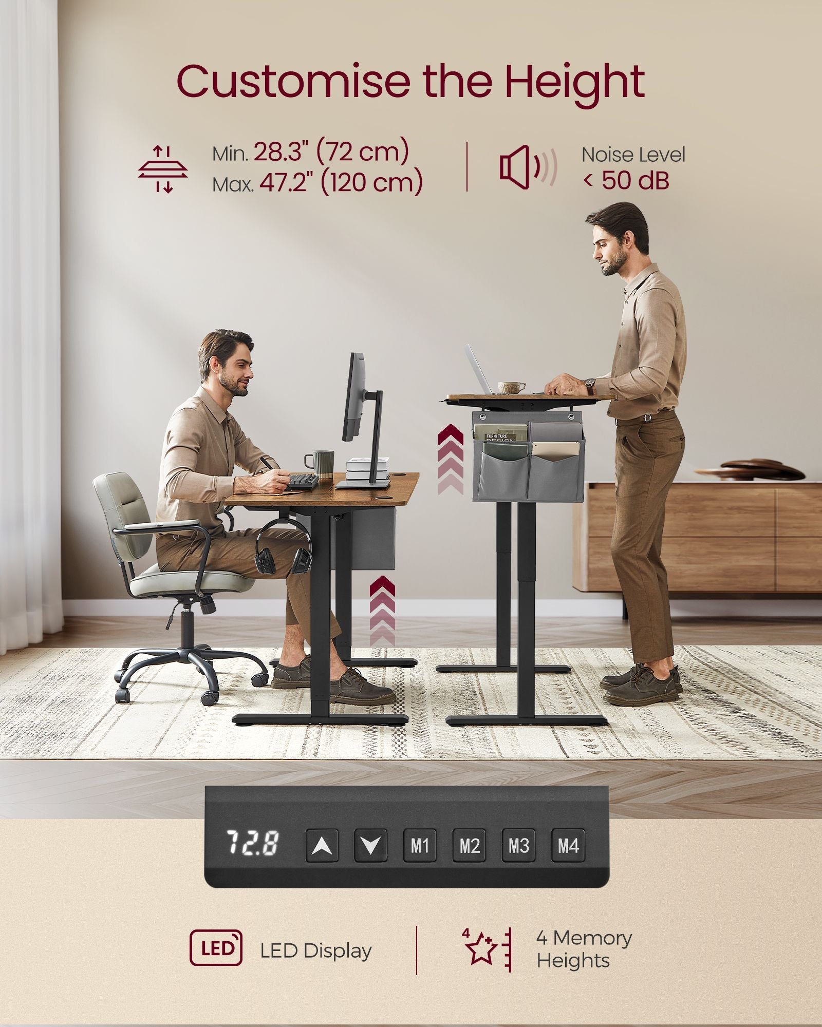 Height Adjustable Desk – Engineered Wood – Cloud White – Electric with 4 Memory Heights and Storage Pocket