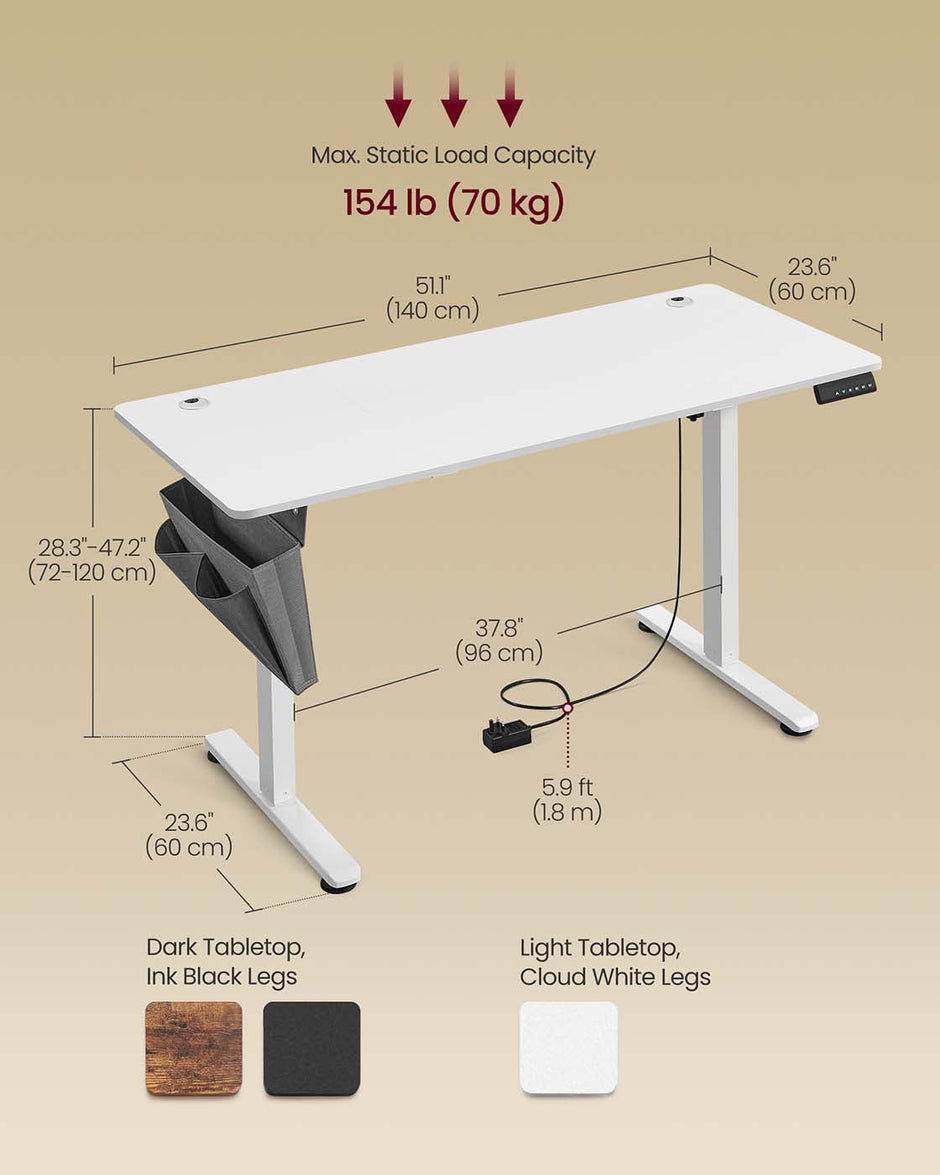 Height Adjustable Desk – Engineered Wood – Cloud White – Electric with 4 Memory Heights and Storage Pocket