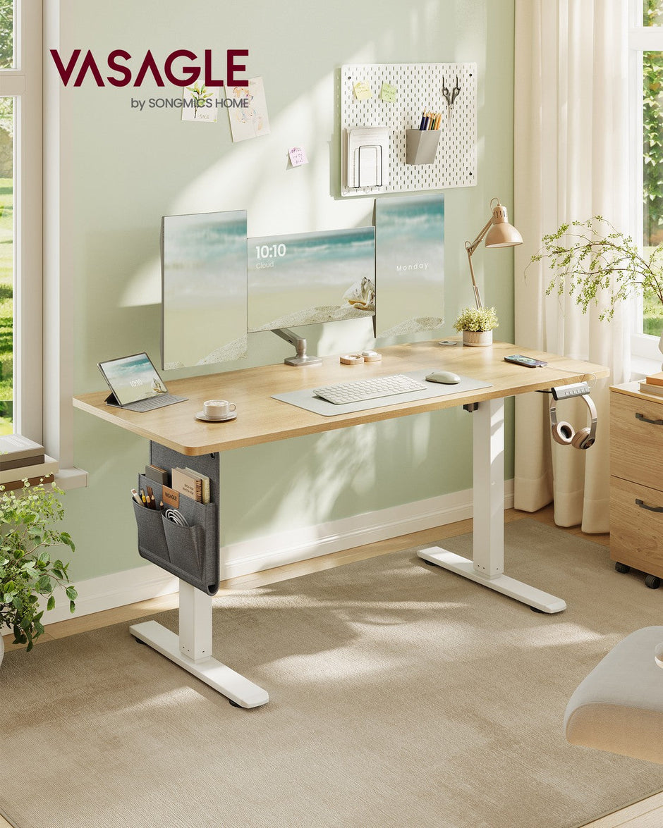 Electric Standing Desk – Metal and Wood – Cloud White – Height Adjustable with 4 Memory Heights and Storage Pocket