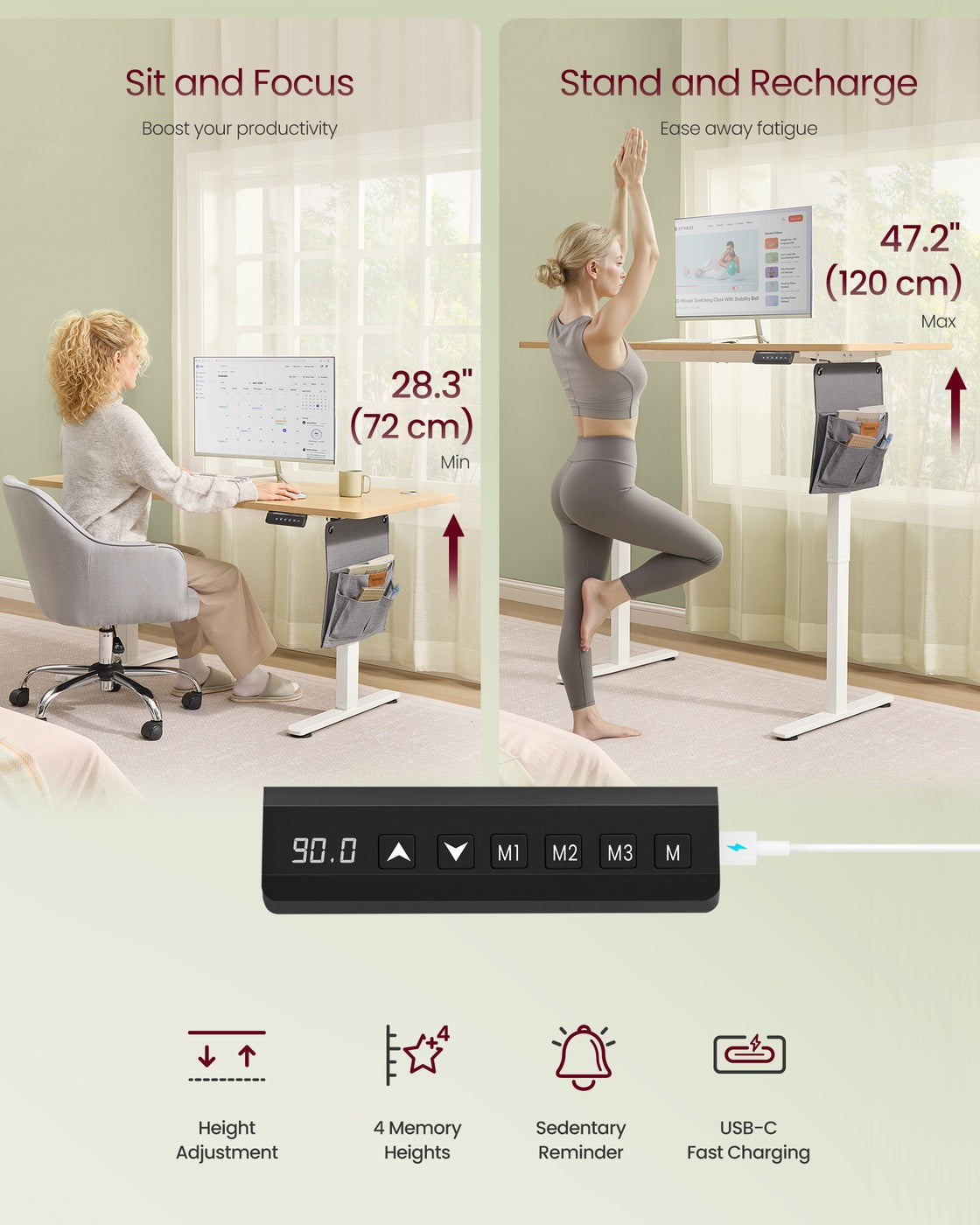 Electric Standing Desk – Metal and Wood – Cloud White – Height Adjustable with 4 Memory Heights and Storage Pocket