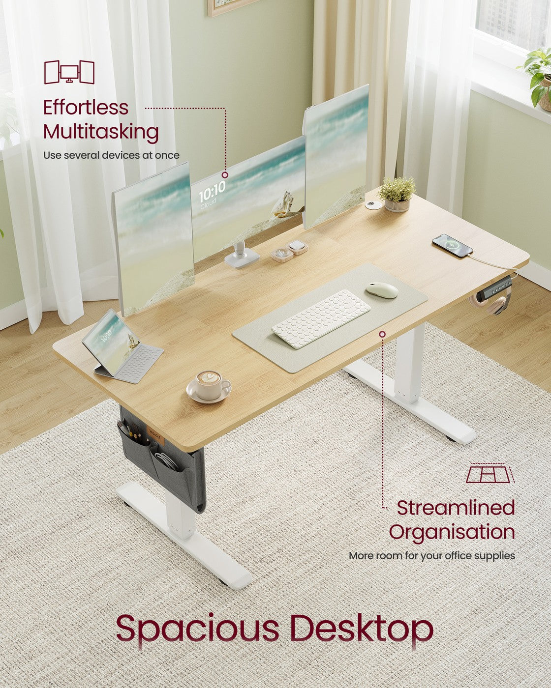 Electric Standing Desk – Metal and Wood – Cloud White – Height Adjustable with 4 Memory Heights and Storage Pocket
