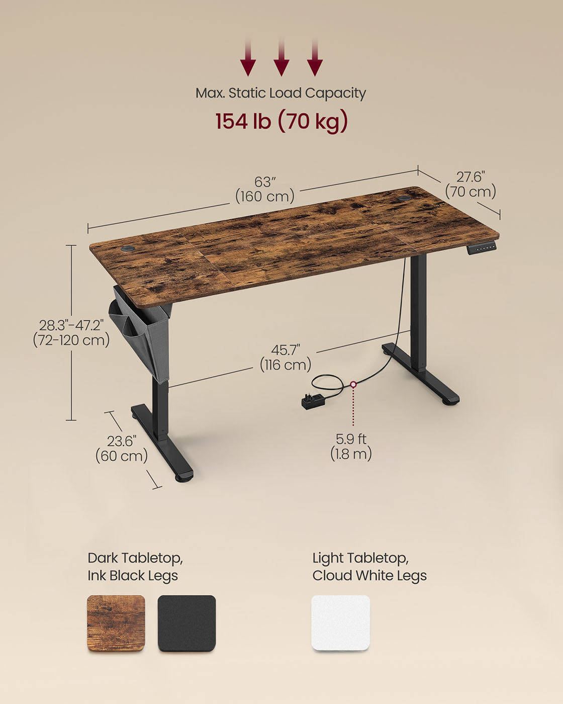 Height Adjustable Electric Desk – Engineered Wood – Cloud White – 4 Memory Heights, Storage Pocket