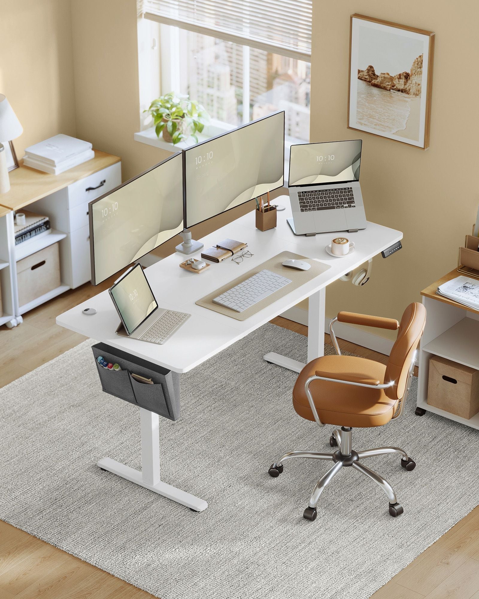 Height Adjustable Electric Desk – Engineered Wood – Cloud White – 4 Memory Heights, Storage Pocket