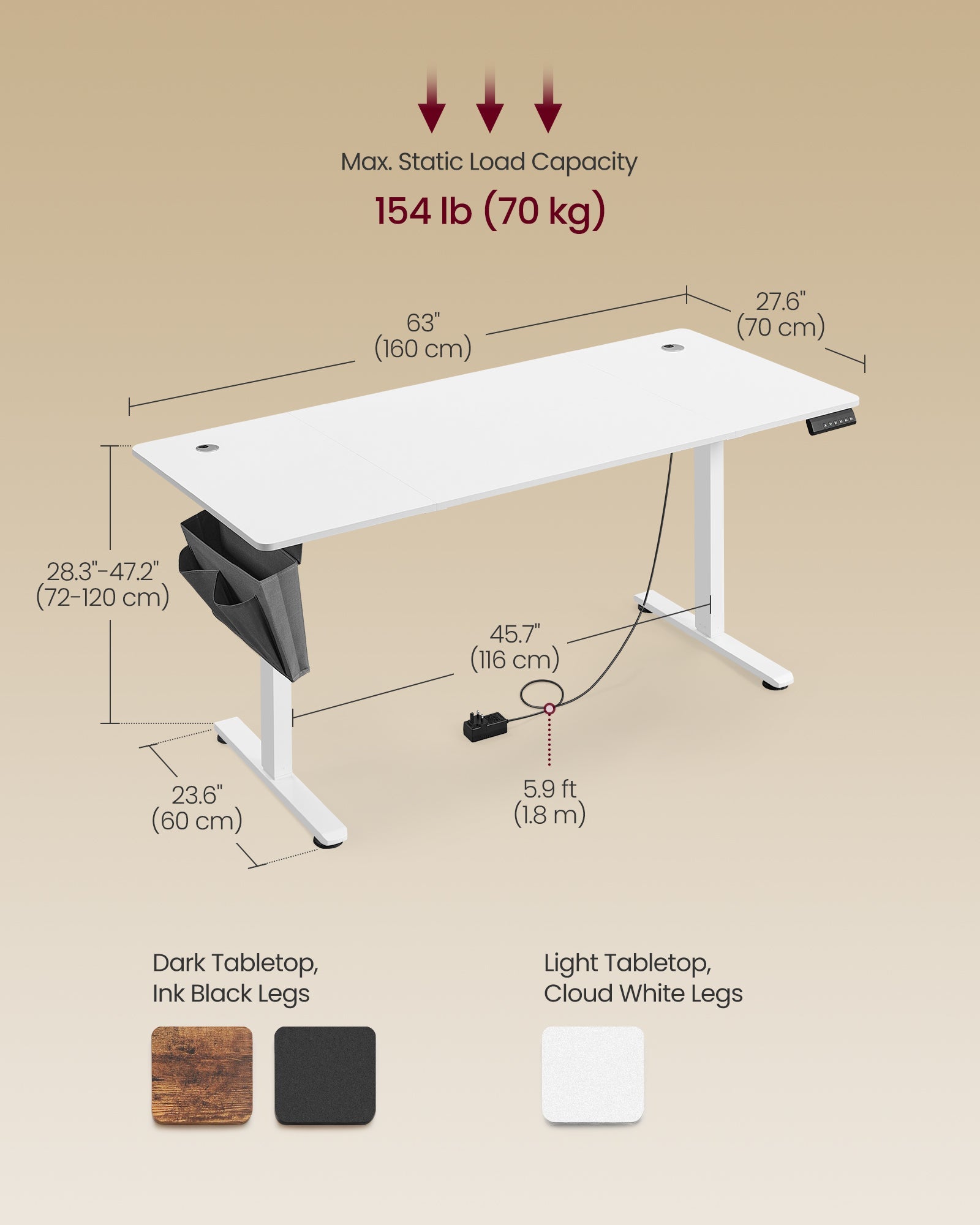 Height Adjustable Electric Desk – Engineered Wood – Cloud White – 4 Memory Heights, Storage Pocket