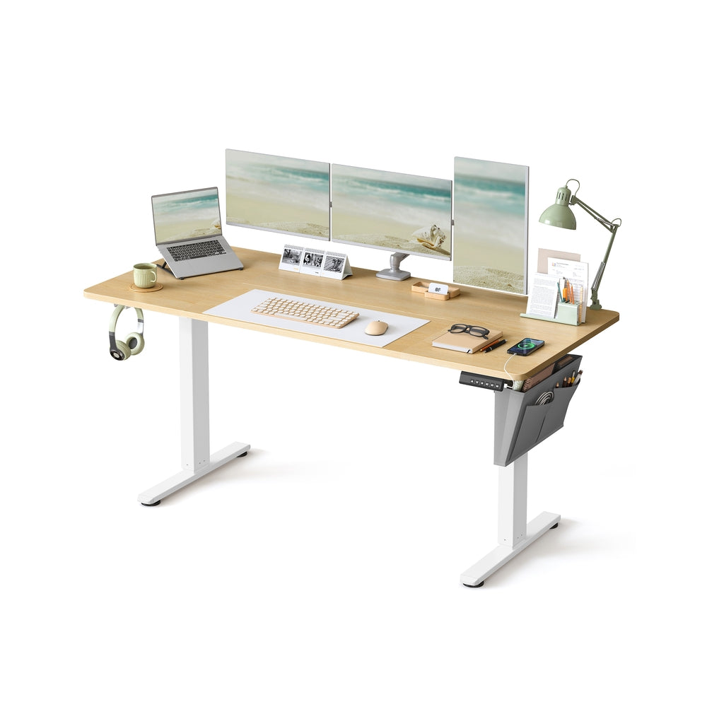 Electric Standing Desk – Metal and Wood – Cloud White – Height Adjustable with 4 Memory Heights and Storage Pocket
