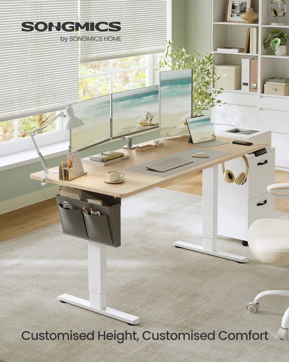 Electric Standing Desk – Metal and Wood – Cloud White – Height Adjustable with 4 Memory Heights and Storage Pocket
