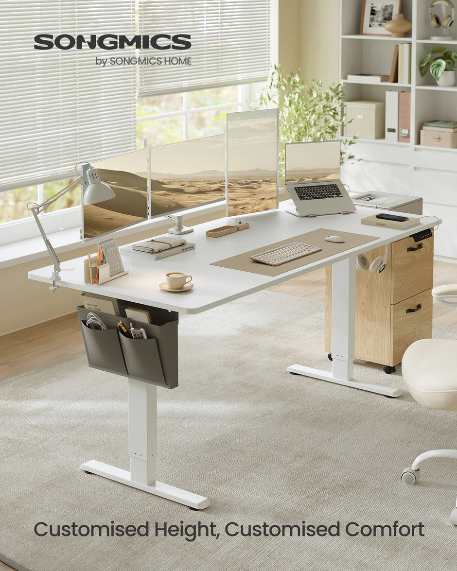 Electric Standing Desk – Wood – Cloud White – Height Adjustable with 4 Memory Heights and Storage Pocket