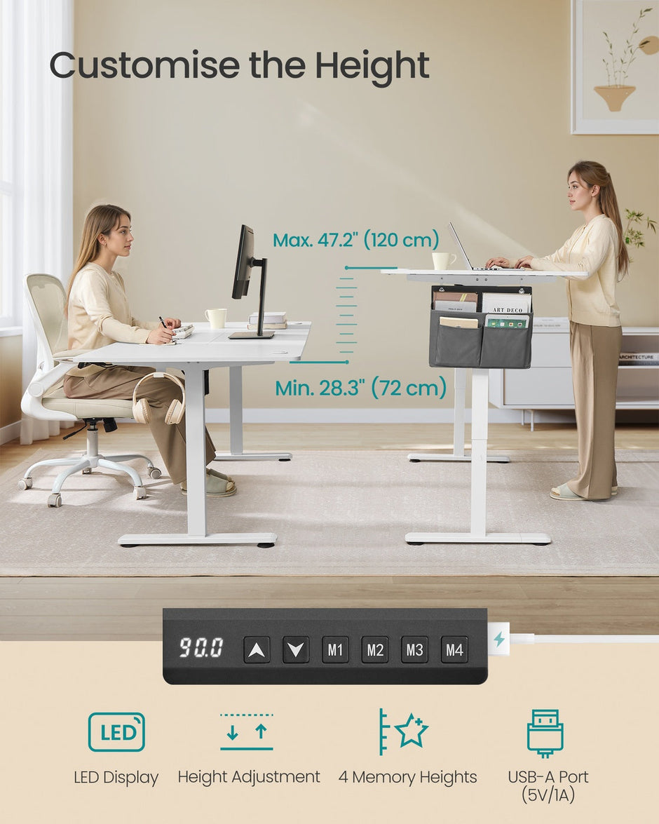 Electric Standing Desk – Wood – Cloud White – Height Adjustable with 4 Memory Heights and Storage Pocket