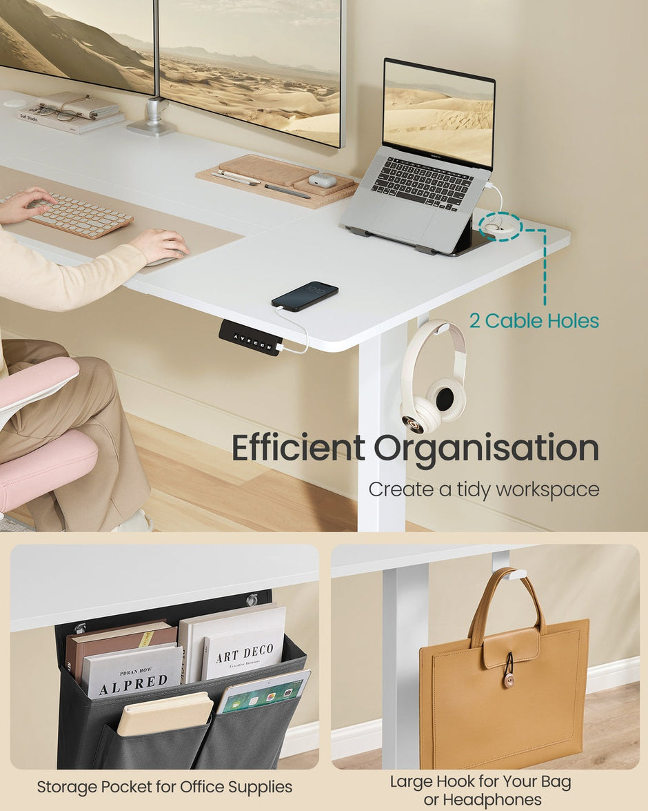 Electric Standing Desk – Wood – Cloud White – Height Adjustable with 4 Memory Heights and Storage Pocket