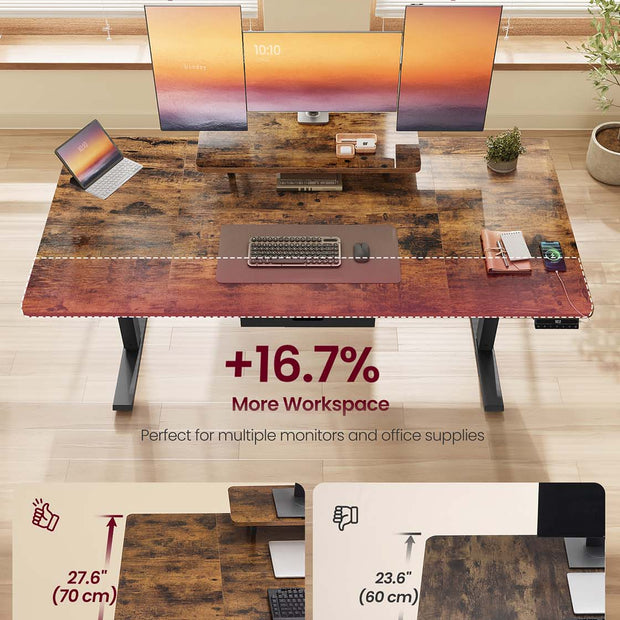 Electric Standing Desk – Wood – Rustic Brown – Height Adjustable with Built-in Drawer and Monitor Stand