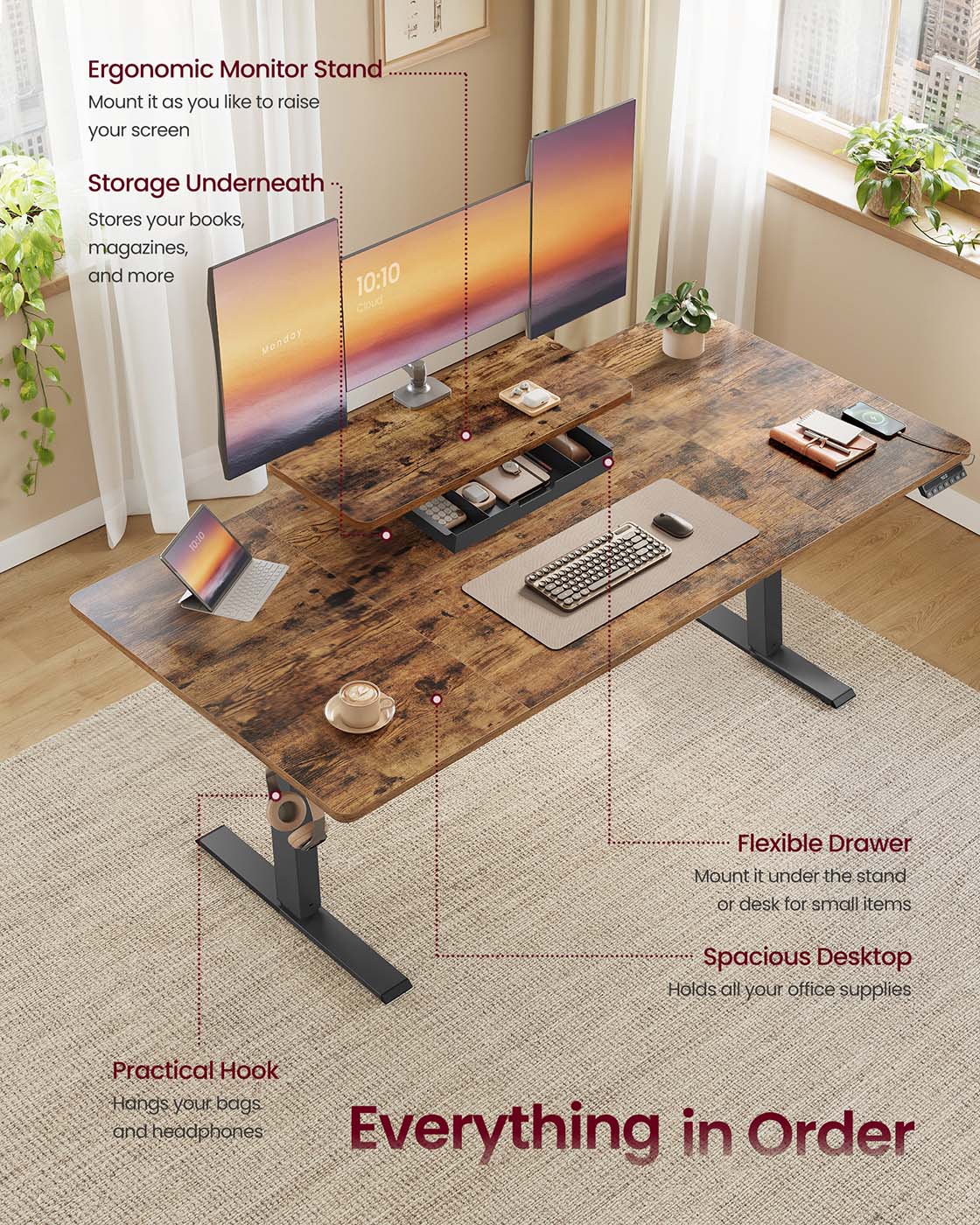 Electric Standing Desk – Wood – Rustic Brown – Height Adjustable with Built-in Drawer and Monitor Stand