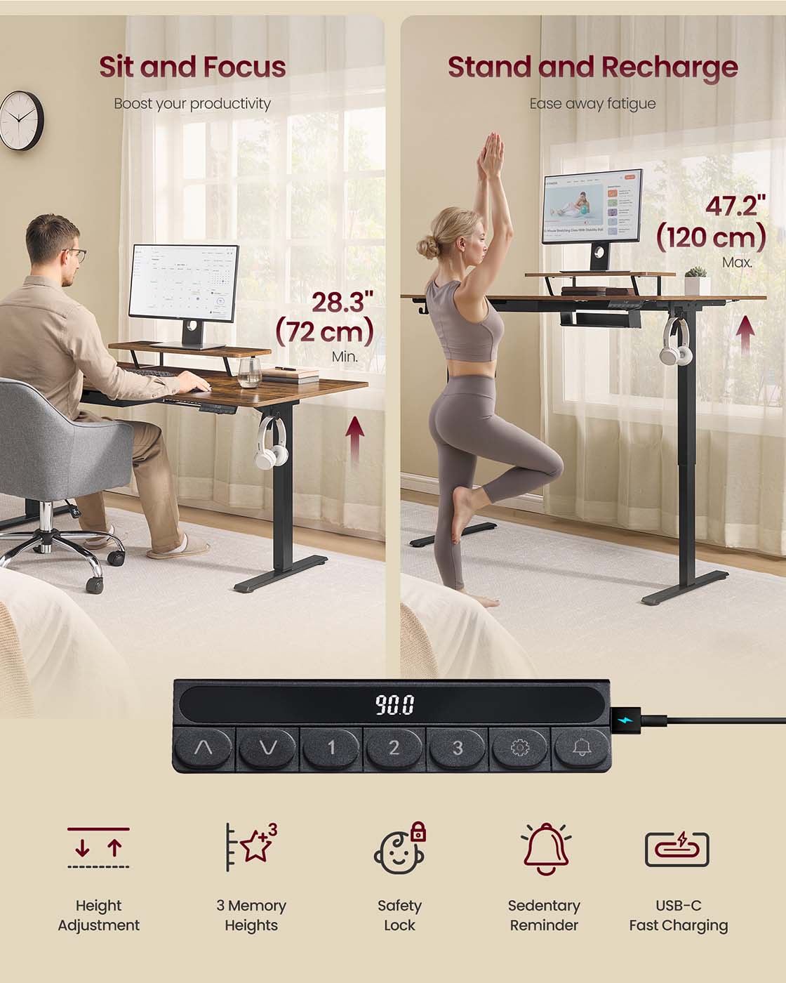 Electric Standing Desk – Wood – Rustic Brown – Height Adjustable with Built-in Drawer and Monitor Stand