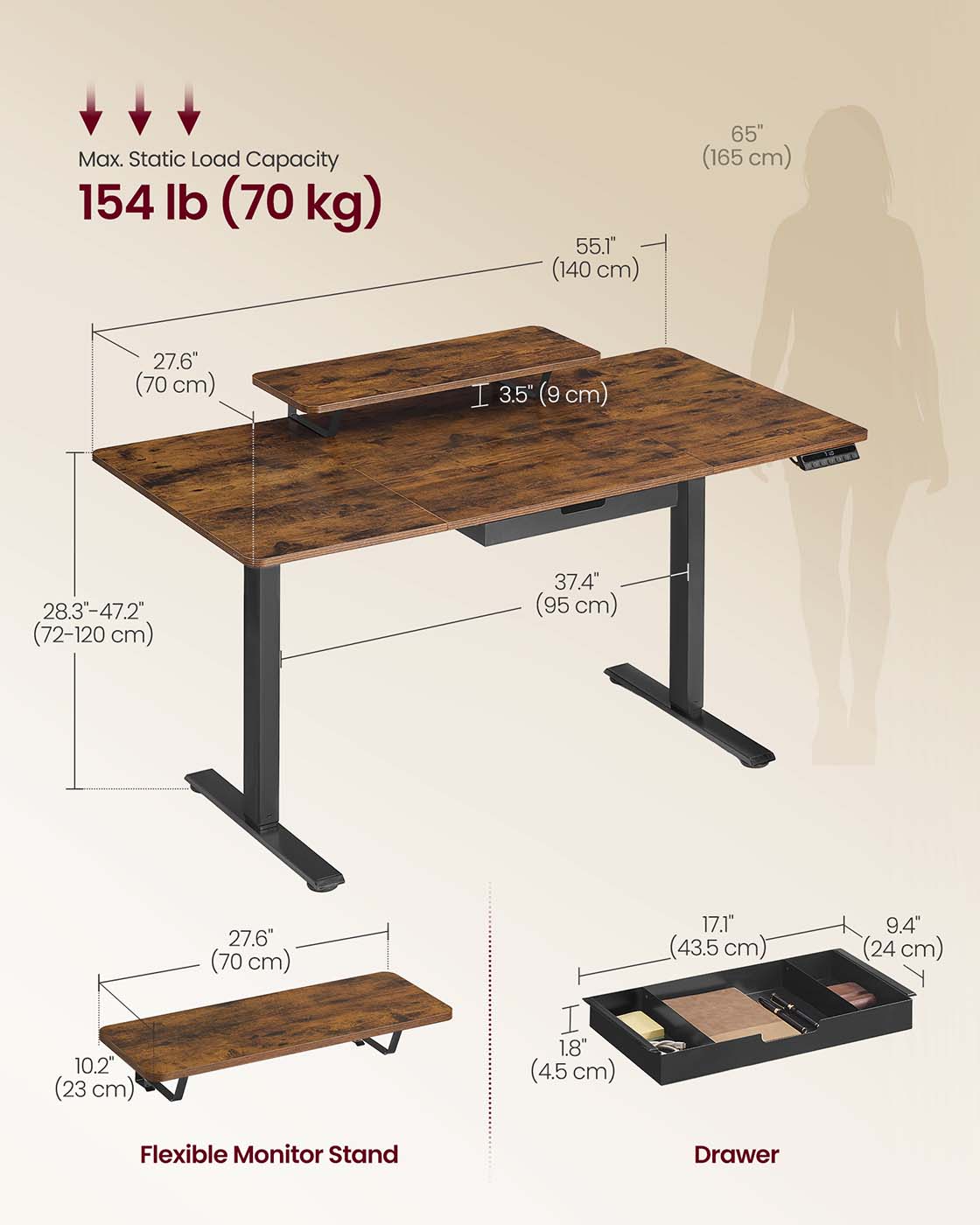 Electric Standing Desk – Wood – Rustic Brown – Height Adjustable with Built-in Drawer and Monitor Stand