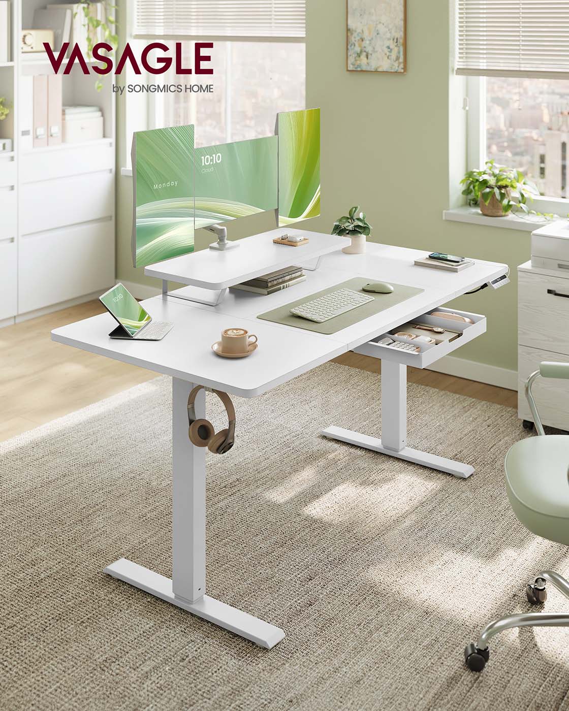 Electric Standing Desk – Wood – Rustic Brown – Height Adjustable with Built-in Drawer and Monitor Stand