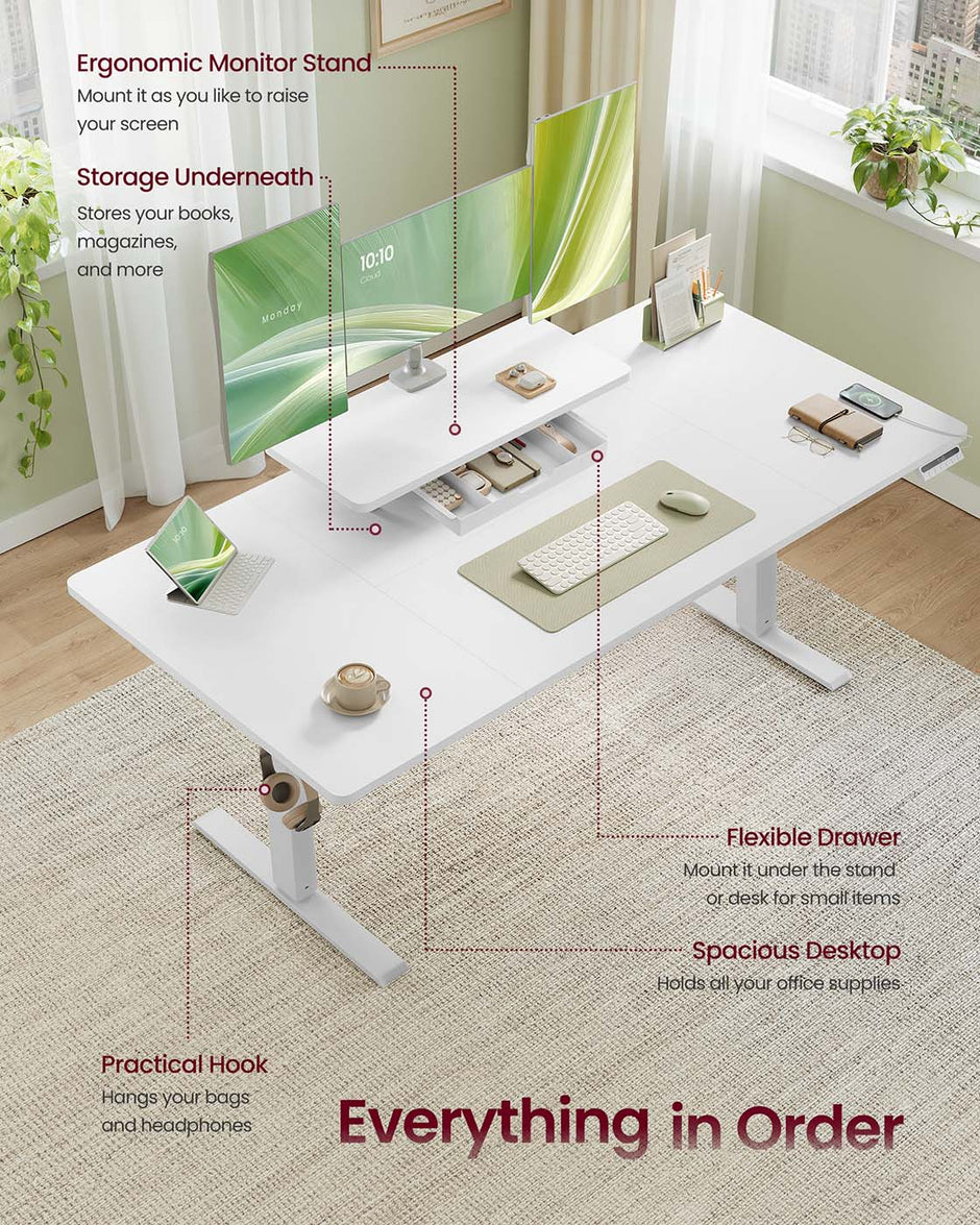 Electric Standing Desk – Wood – Rustic Brown – Height Adjustable with Built-in Drawer and Monitor Stand