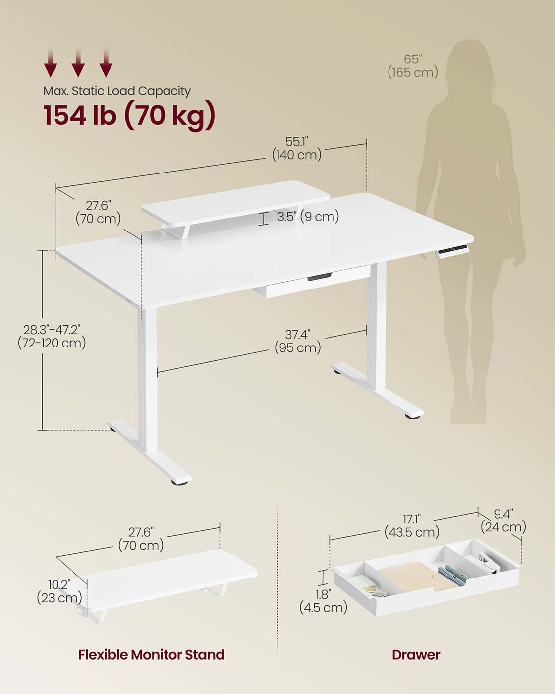 Electric Standing Desk – Wood – Rustic Brown – Height Adjustable with Built-in Drawer and Monitor Stand