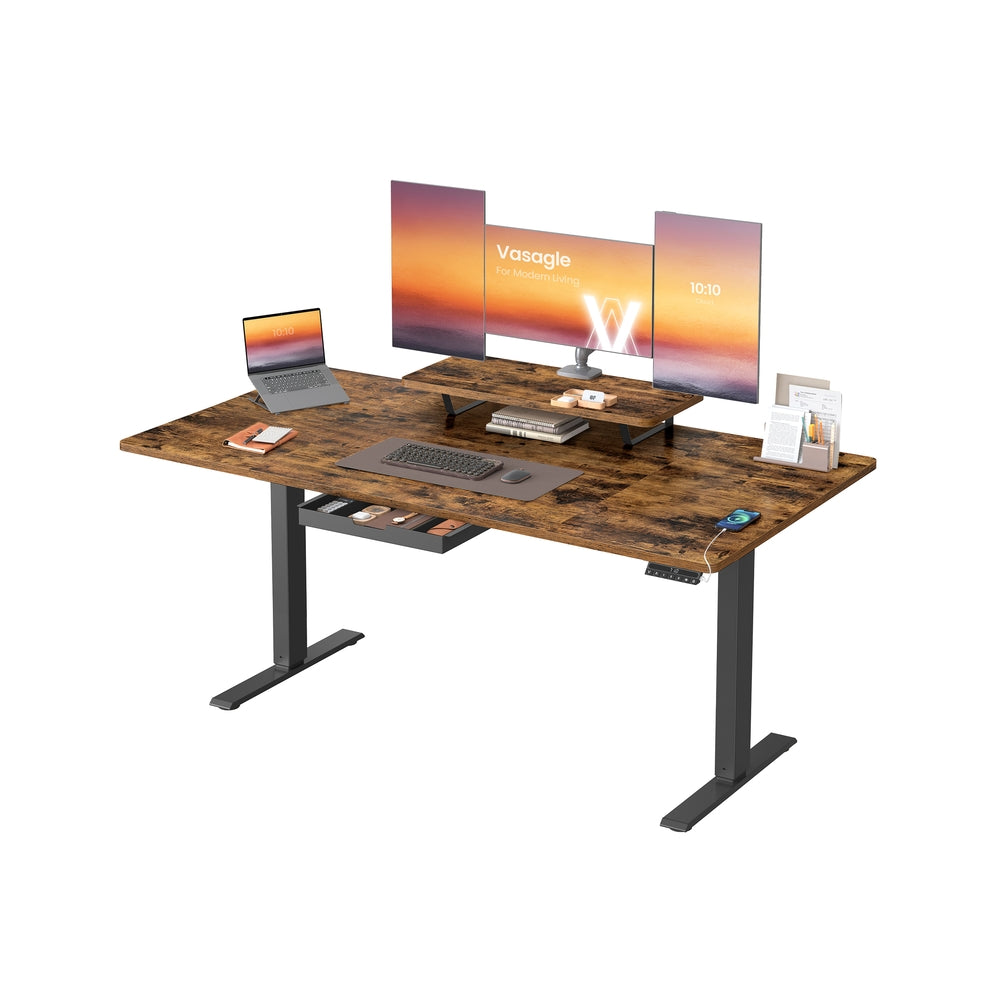 Electric Standing Desk – Wood – Rustic Brown – Height Adjustable with Monitor Stand and USB-C Port