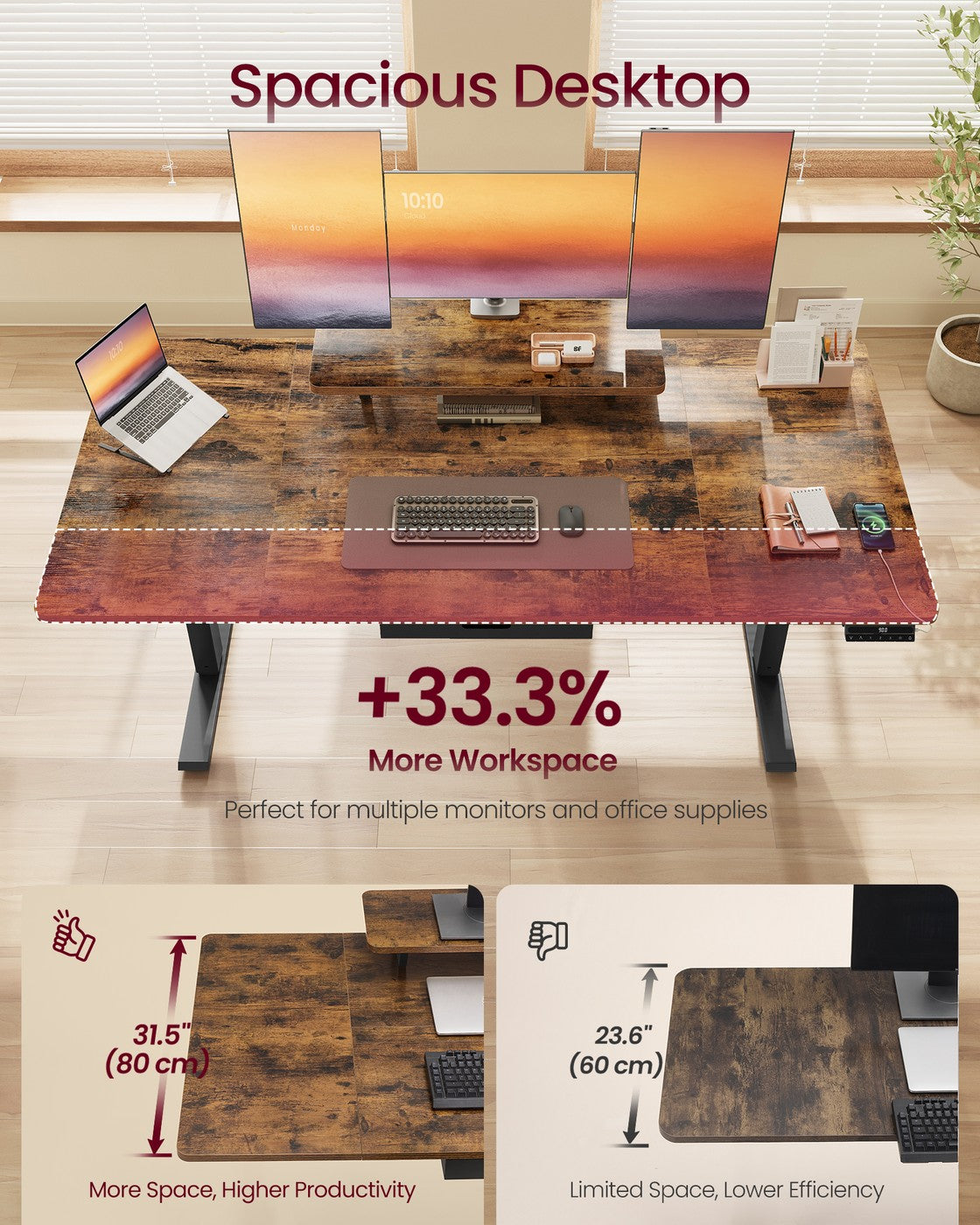 Electric Standing Desk – Wood – Rustic Brown – Height Adjustable with Monitor Stand and USB-C Port