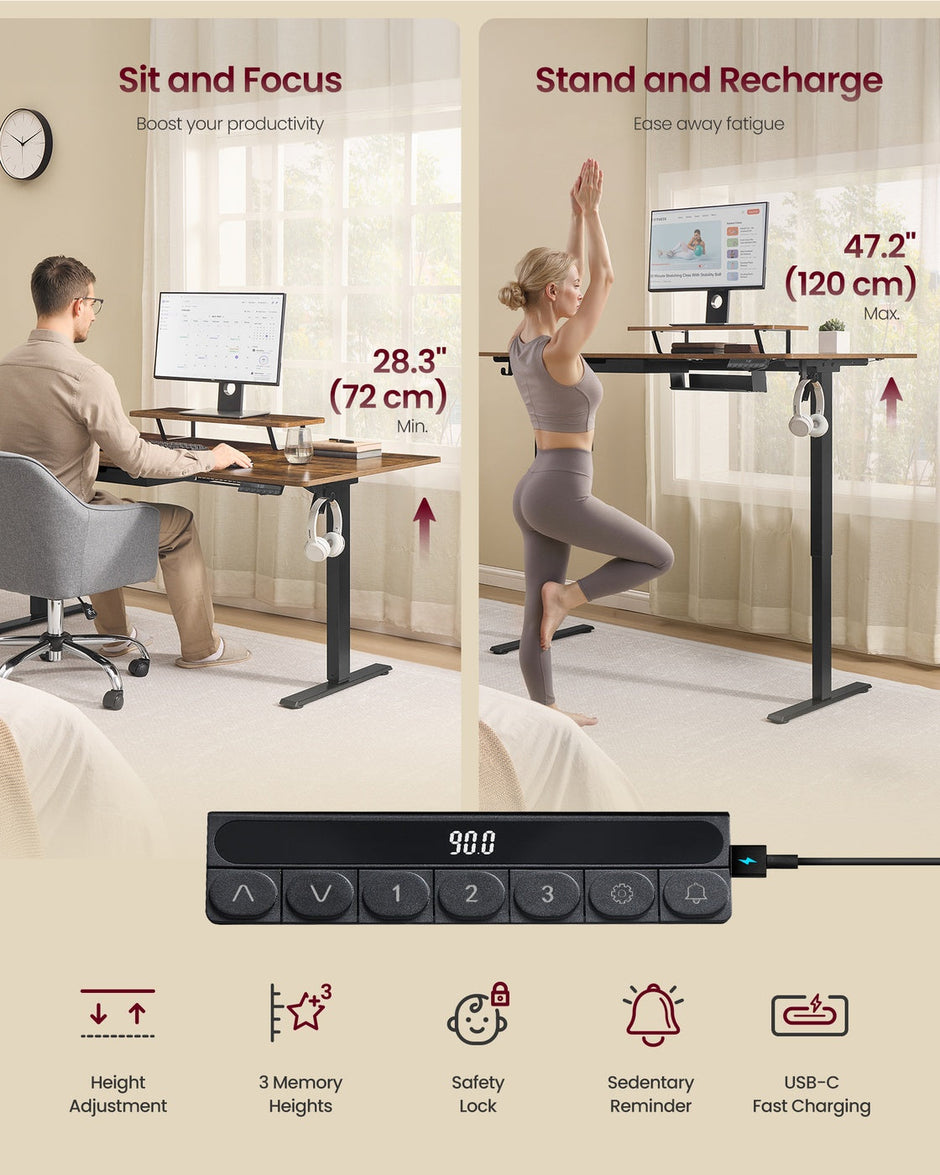 Electric Standing Desk – Wood – Rustic Brown – Height Adjustable with Monitor Stand and USB-C Port