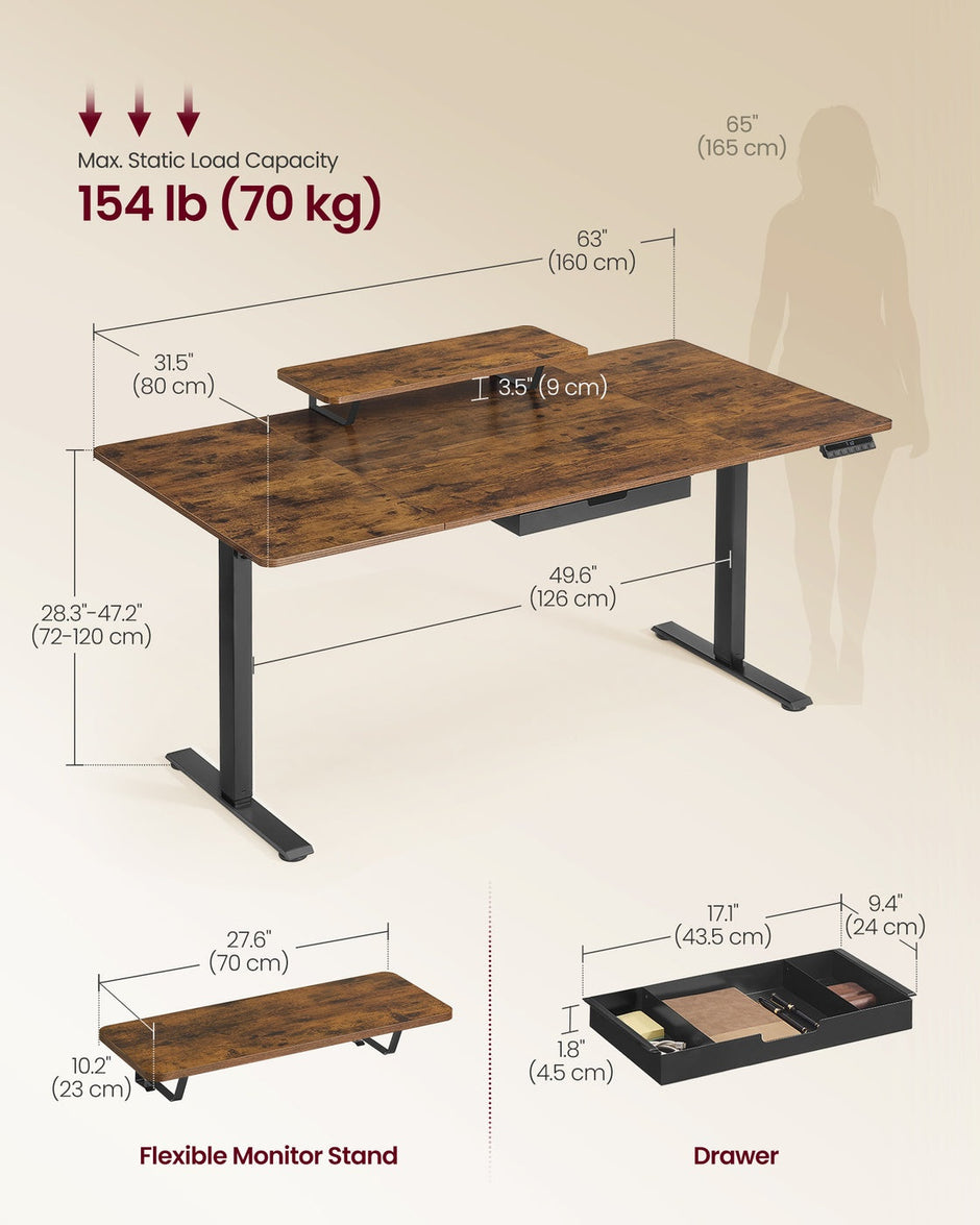 Electric Standing Desk – Wood – Rustic Brown – Height Adjustable with Monitor Stand and USB-C Port