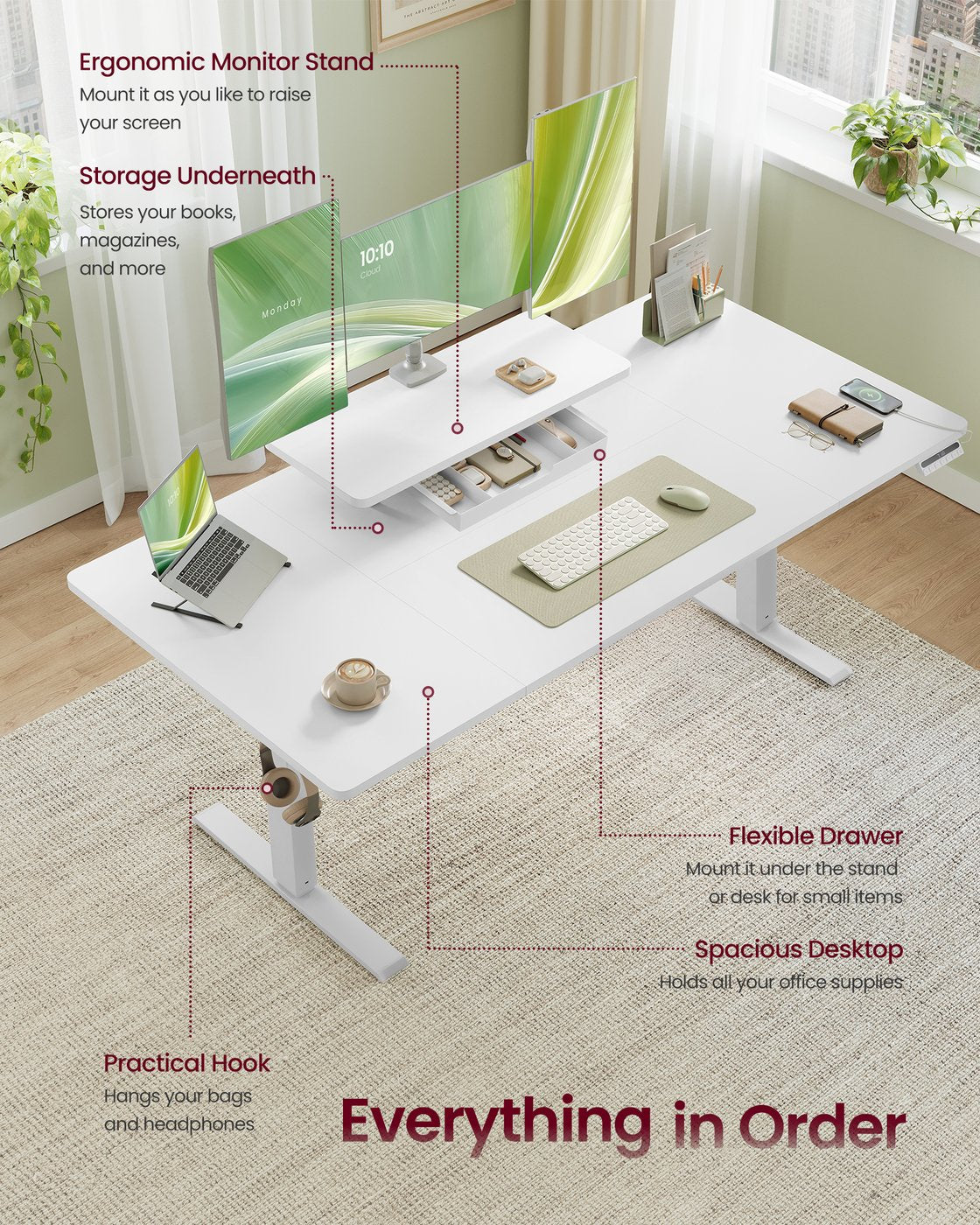 Electric Standing Desk – Wood – Rustic Brown – Height Adjustable with Built-in Drawer and Monitor Stand