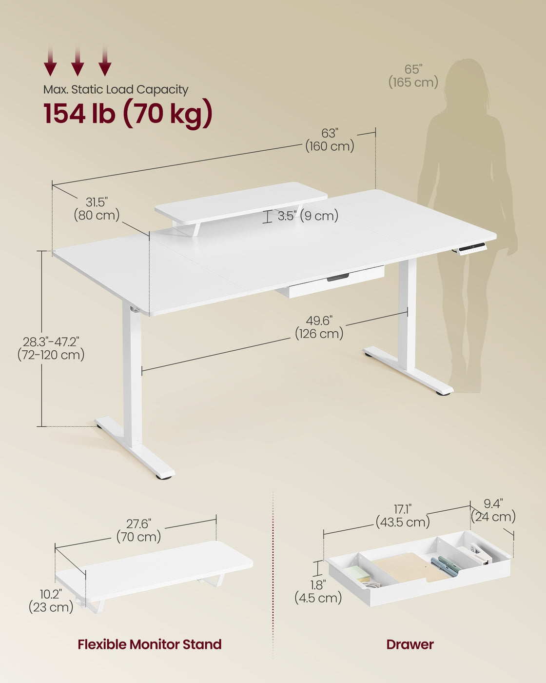Electric Standing Desk – Wood – Rustic Brown – Height Adjustable with Built-in Drawer and Monitor Stand