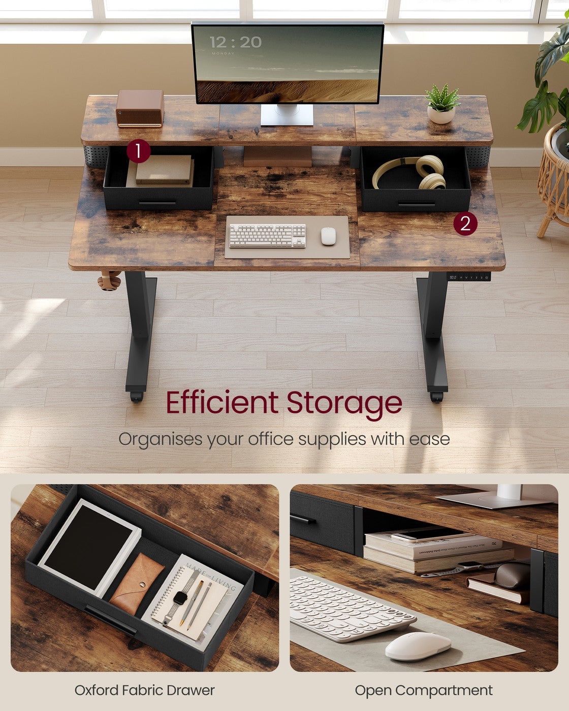 Electric Standing Desk – Wood – Black – Adjustable Height with Built-In Power Strip, Monitor Stand, Memory Function, and Storage Drawers