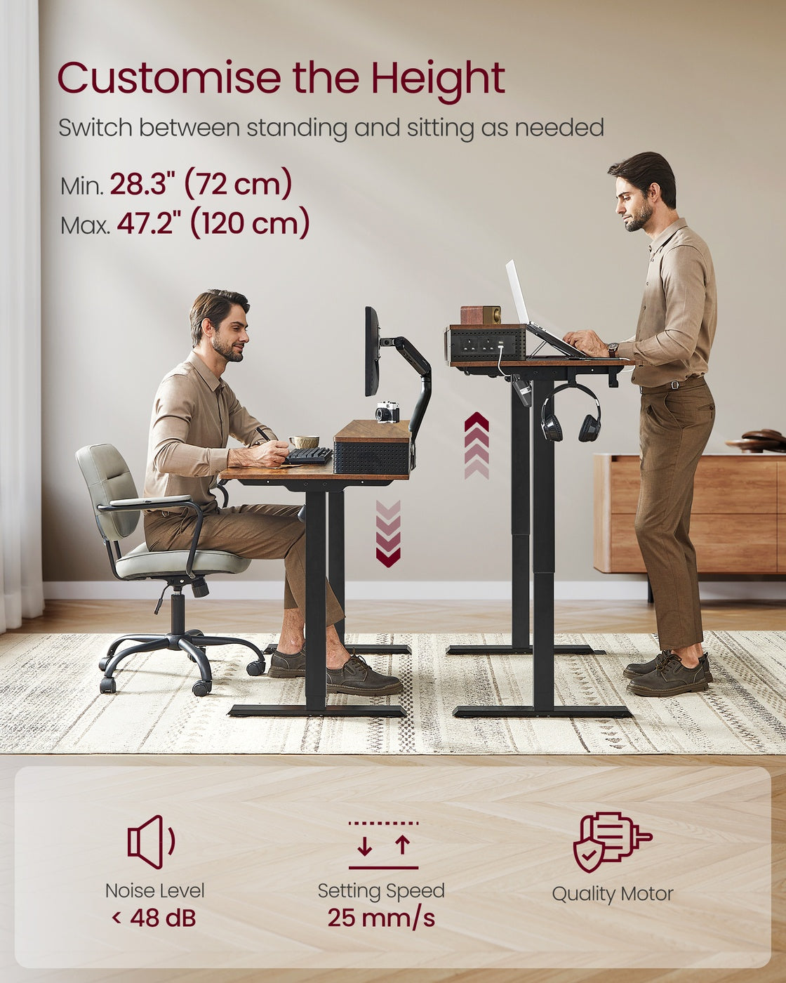 Electric Standing Desk – Wood – Black – Adjustable Height with Built-In Power Strip, Monitor Stand, Memory Function, and Storage Drawers