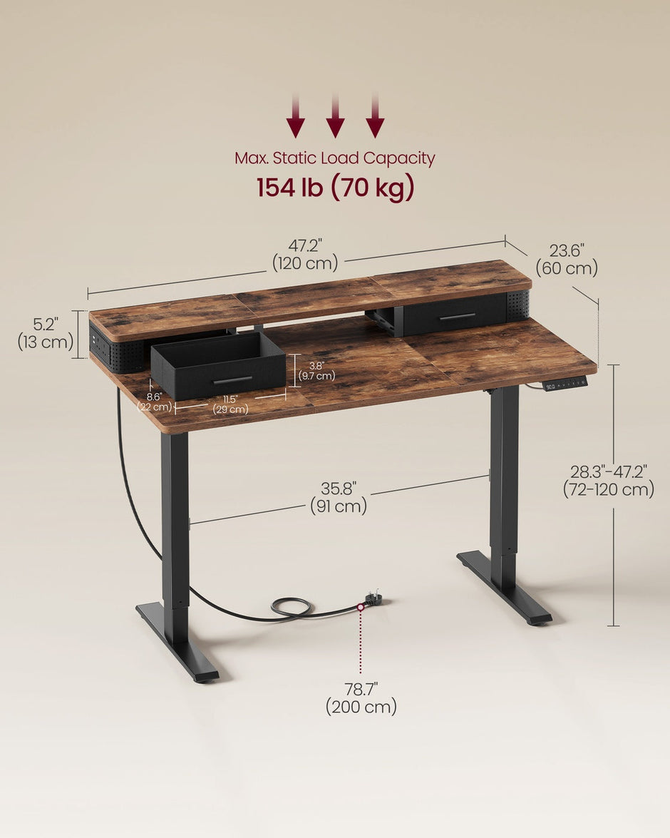 Electric Standing Desk – Wood – Black – Adjustable Height with Built-In Power Strip, Monitor Stand, Memory Function, and Storage Drawers