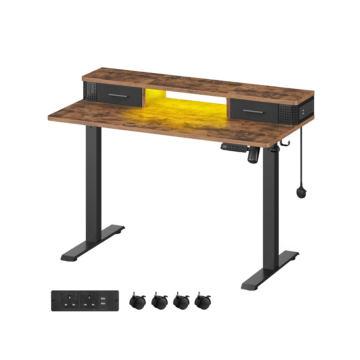 Electric Standing Desk – Wood – Rustic Brown – Adjustable Height with Built-In Power Strip and Memory Function