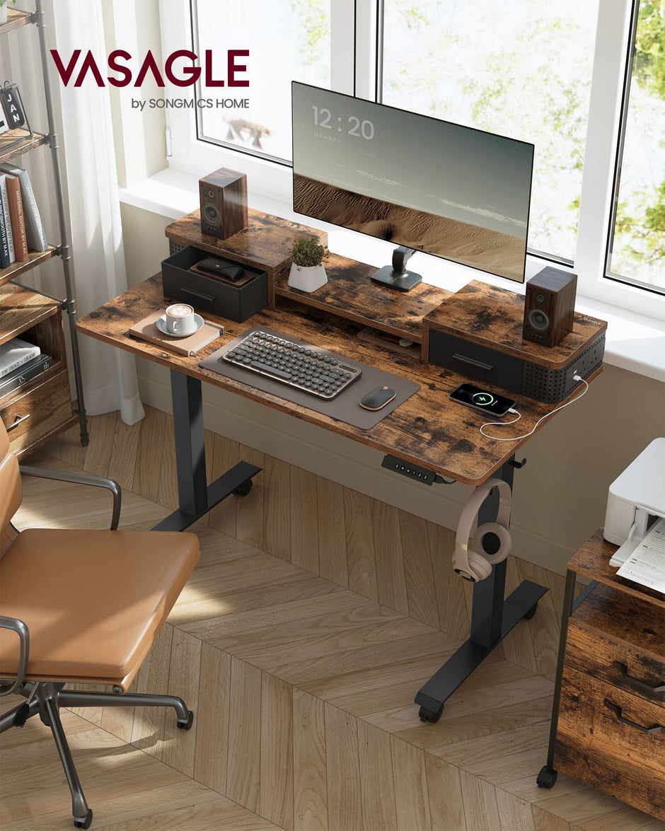 Electric Standing Desk – Wood – Rustic Brown – Adjustable Height with Built-In Power Strip and Memory Function