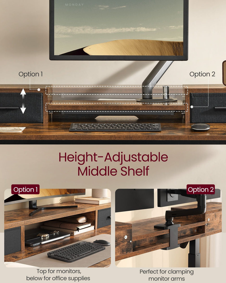 Electric Standing Desk – Wood – Rustic Brown – Adjustable Height with Built-In Power Strip and Memory Function