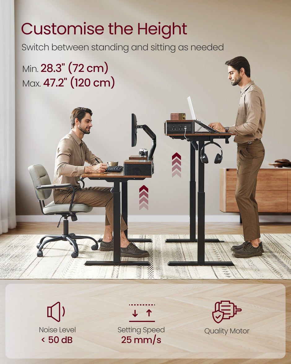 Electric Standing Desk – Wood – Rustic Brown – Adjustable Height with Built-In Power Strip and Memory Function