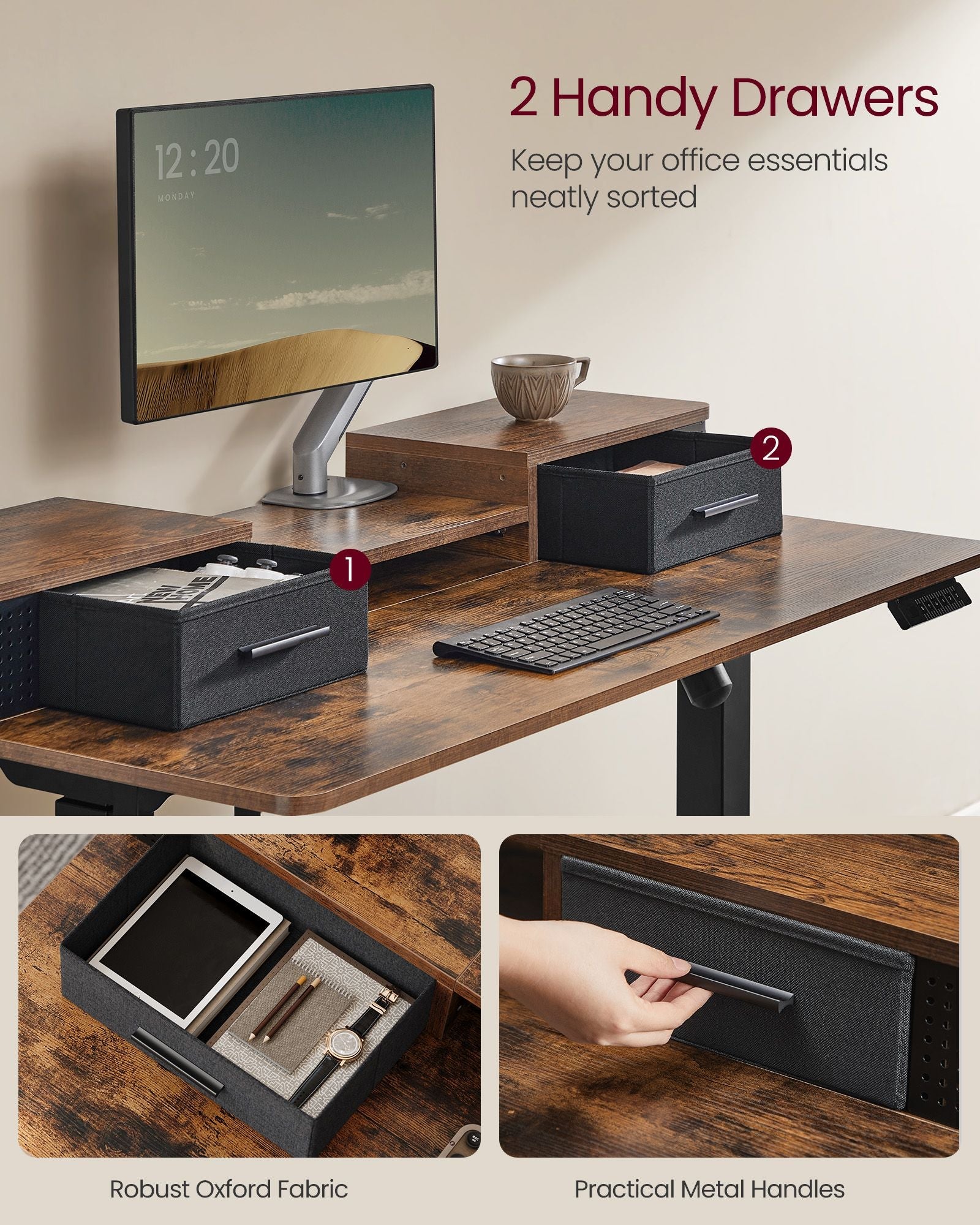Electric Standing Desk – Wood – Rustic Brown – Adjustable Height with Built-In Power Strip and Memory Function