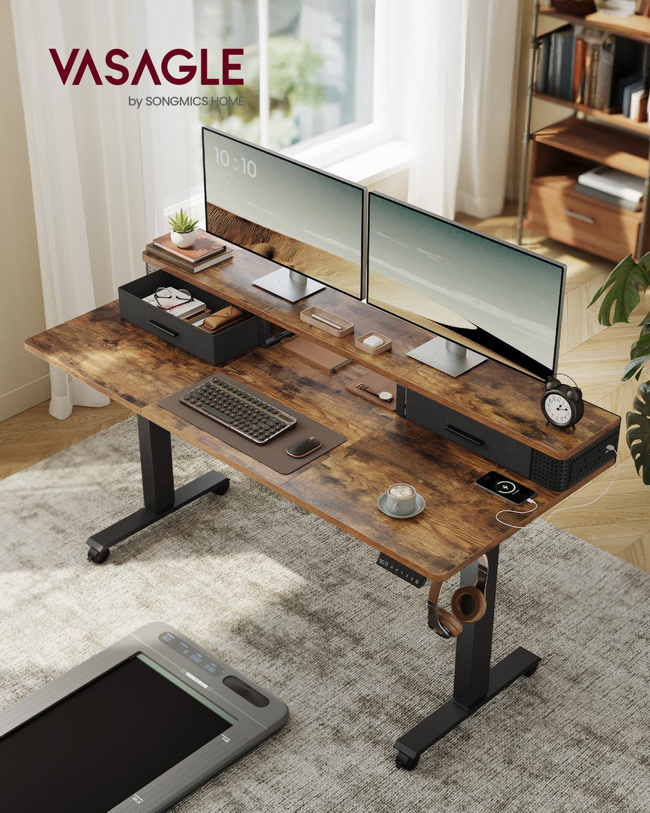 Electric Standing Desk – Wood – Black – Adjustable Height with Built-In Power Strip, Monitor Stand, Memory Function, and Storage Drawers