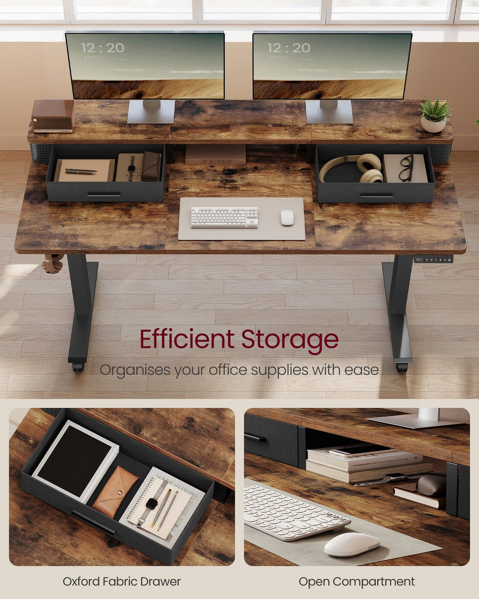 Electric Standing Desk – Wood – Black – Adjustable Height with Built-In Power Strip, Monitor Stand, Memory Function, and Storage Drawers