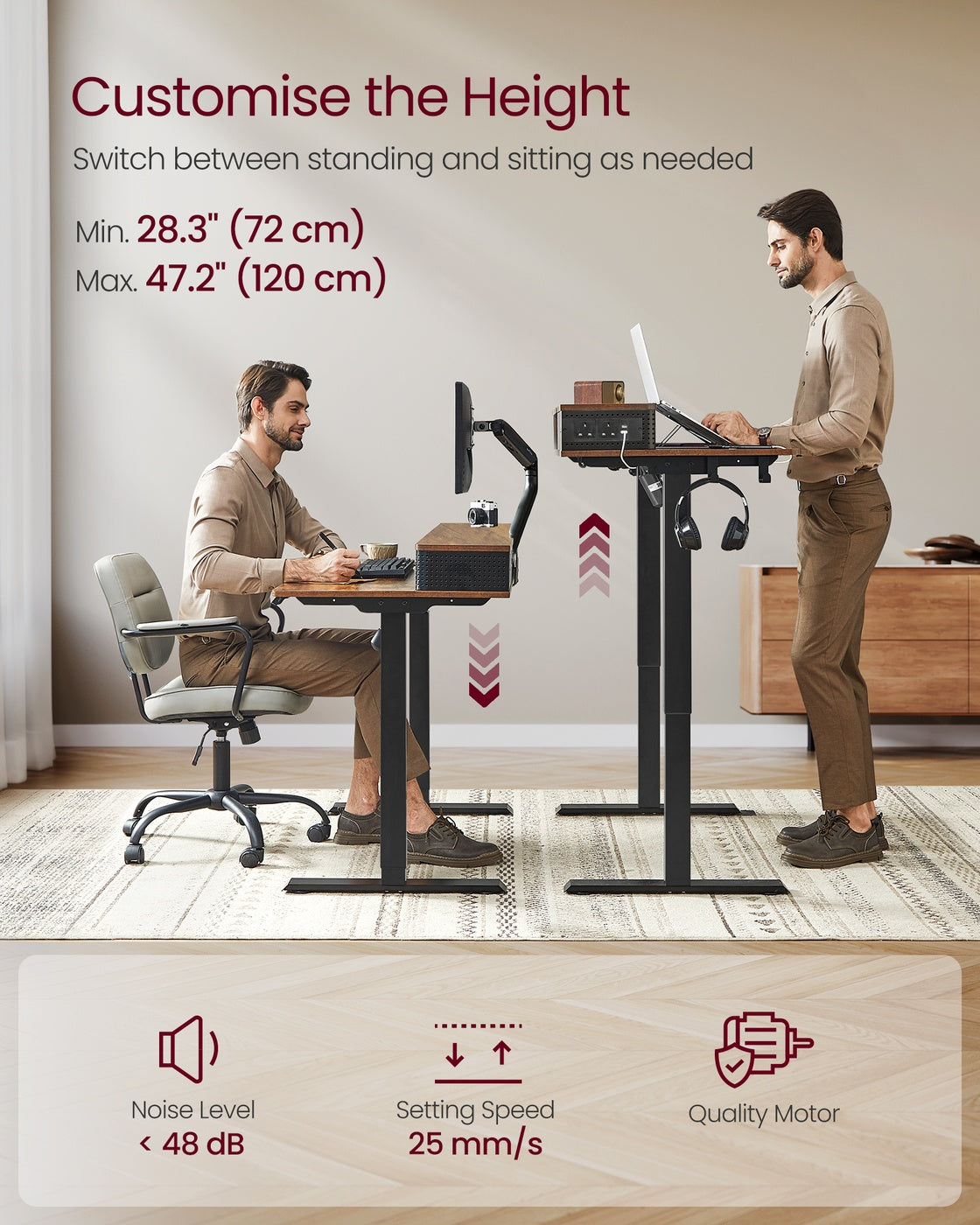 Electric Standing Desk – Wood – Black – Adjustable Height with Built-In Power Strip, Monitor Stand, Memory Function, and Storage Drawers