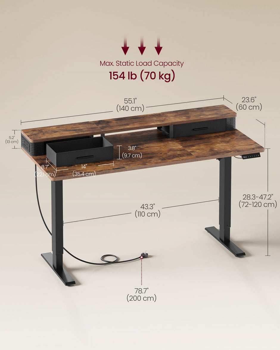 Electric Standing Desk – Wood – Black – Adjustable Height with Built-In Power Strip, Monitor Stand, Memory Function, and Storage Drawers
